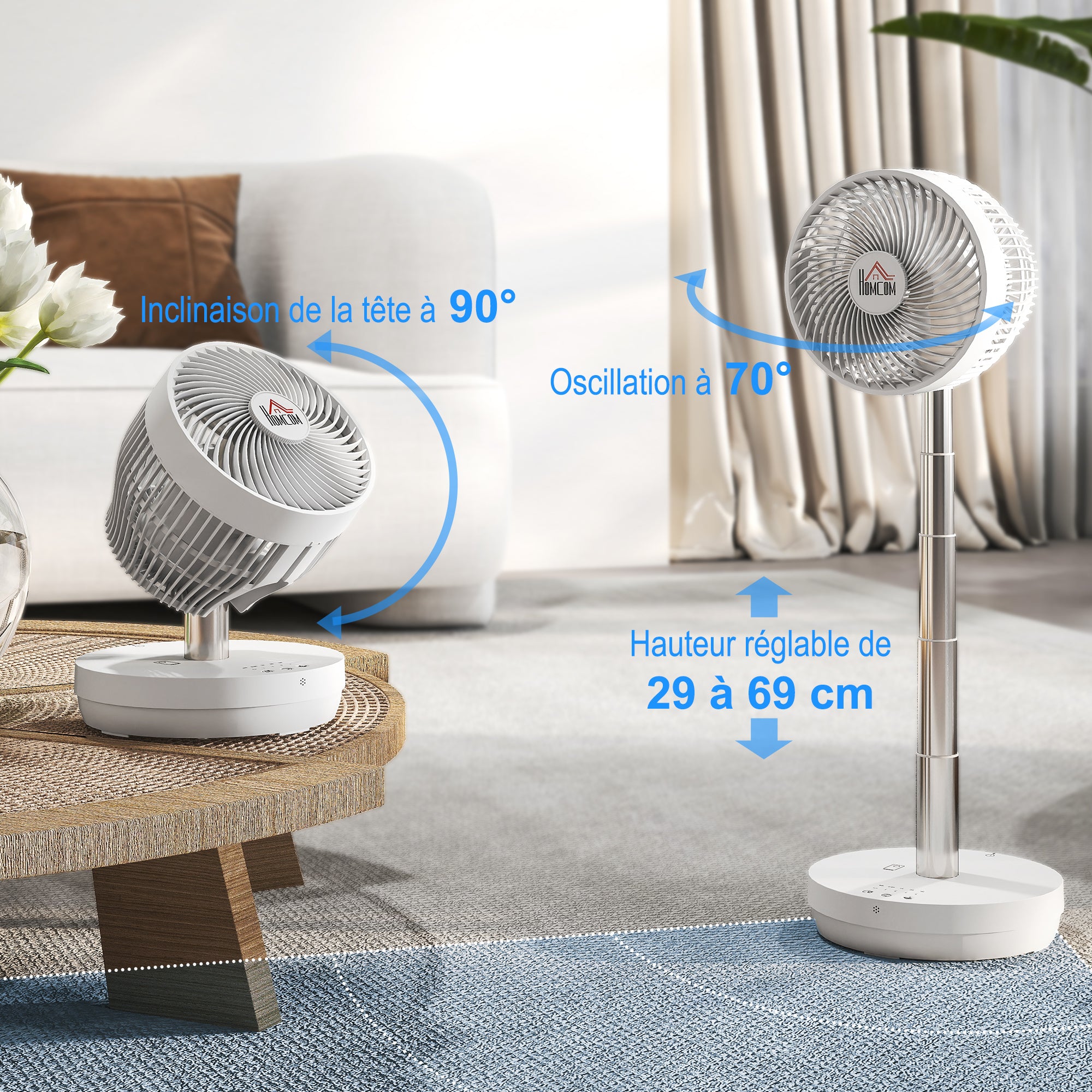 Portable Table Fan with Remote Control and 3600mAh Rechargeable Battery USB Powered Stand Fan Adjustable Tilt and Height Oscillating 10 Speeds Timer White