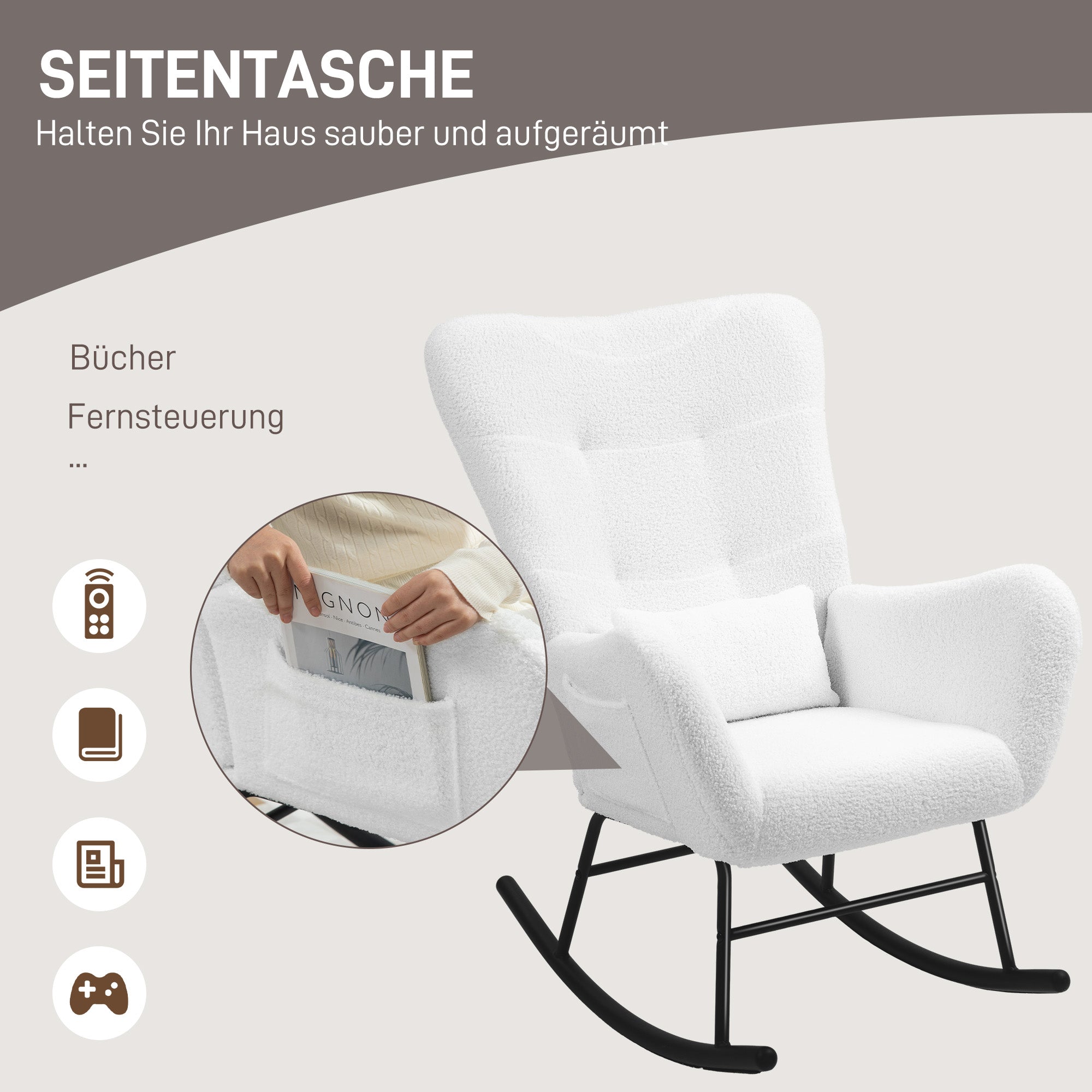 Rocking Chair, Rocking Chair with Teddy Fabric Look, Armrest, Nursing Chair with Metal Runners, Lumbar Cushion, Relaxing Chair with Side Pocket for Living Room, Bedroom, White