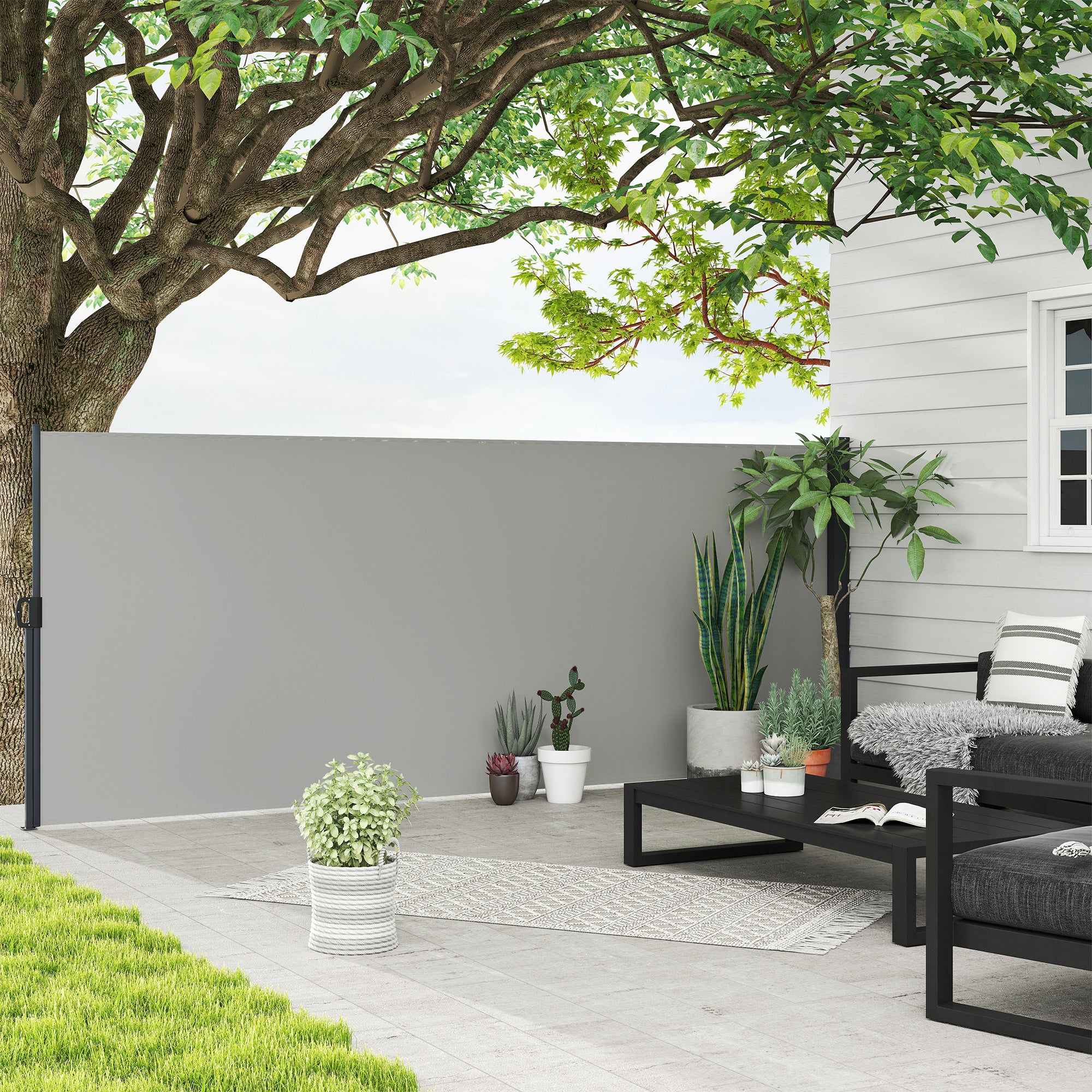 Retractable Garden Side Awning Windbreak Screen 4L x 1.60H m Aluminium Polyester UV-resistant High density 180 g/m² Light Grey