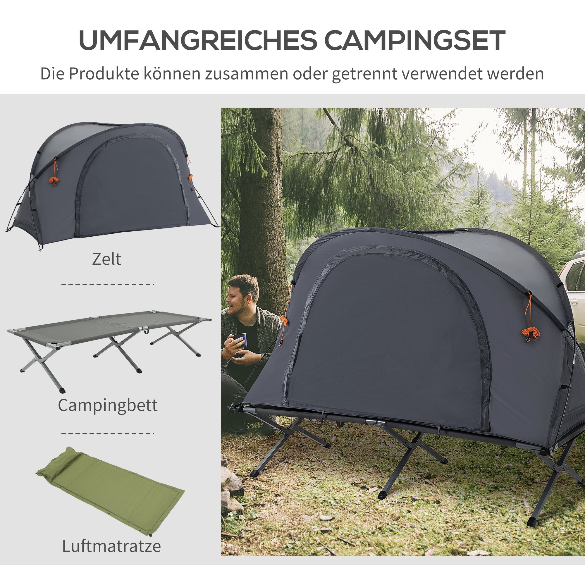 Camping Bed with Tent Elevated Camp Bed for 1 Person Dome Tent with Air Mattress incl. Carrying Bag Gray 200 x 86 x 147 cm