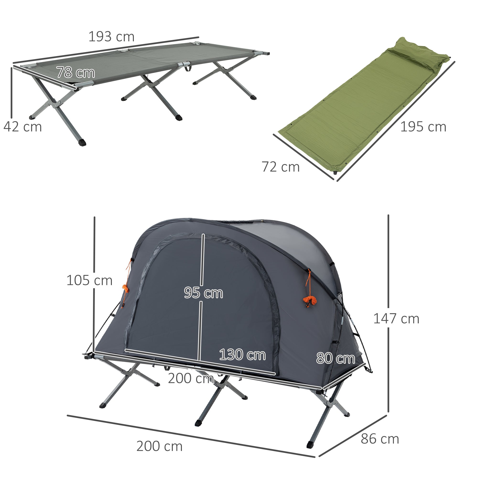 Camping Bed with Tent Elevated Camp Bed for 1 Person Dome Tent with Air Mattress incl. Carrying Bag Gray 200 x 86 x 147 cm