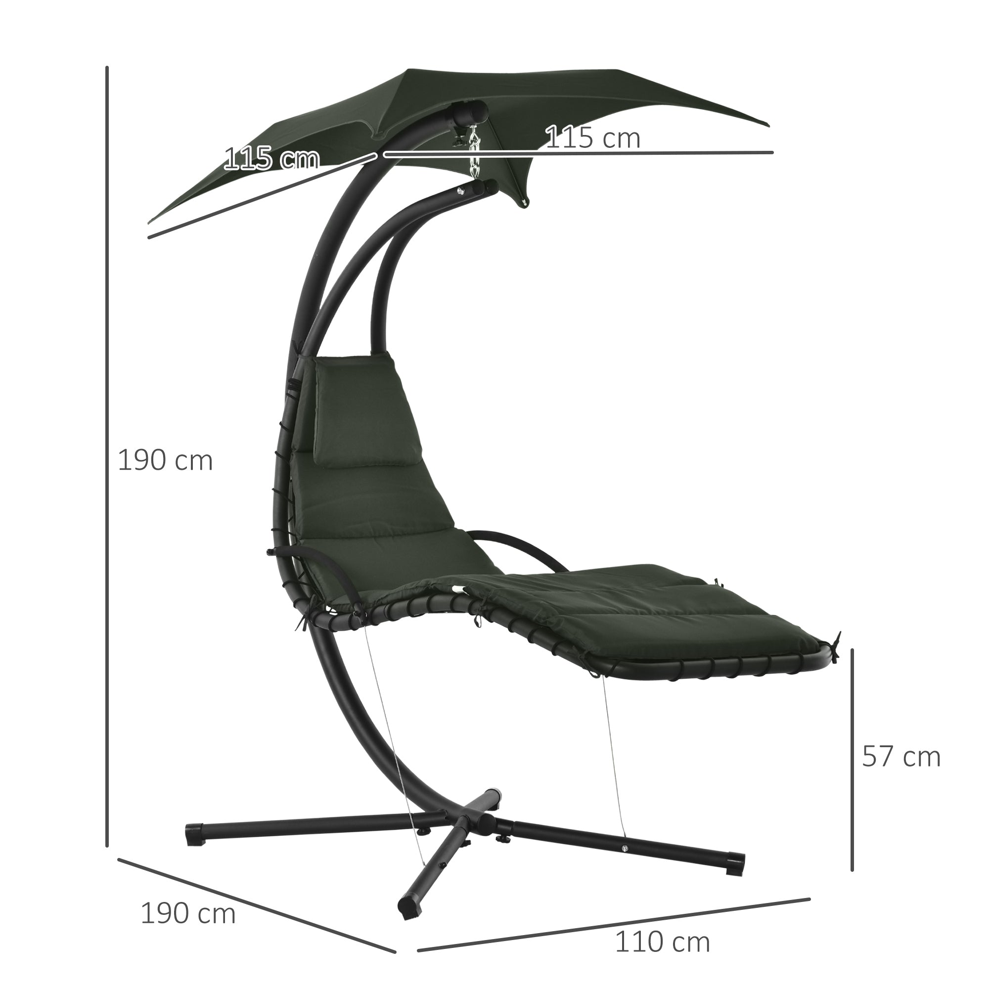 Hanging Sun Lounger Hanging Chair Outdoor with Sunshade and Mattress Contemporary Design 190L x 110W x 190H cm Steel Polyester Dark Gray Black