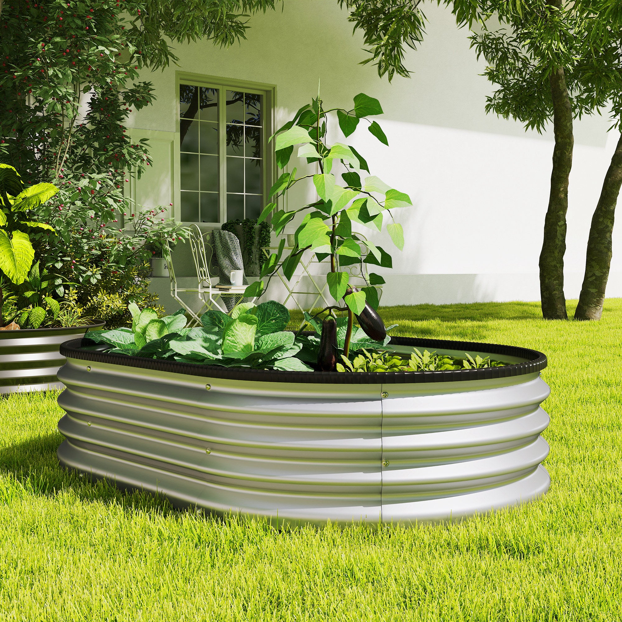 Metal Raised Beds Set of 2, 53.1 x 35.4 x 11.8 in — Oval Open-Bottom Planters with Rubber Safety Rim, Gloves Included, Modular Garden Planter for Vegetables, Fruits, Flowers, Herbs, Silver