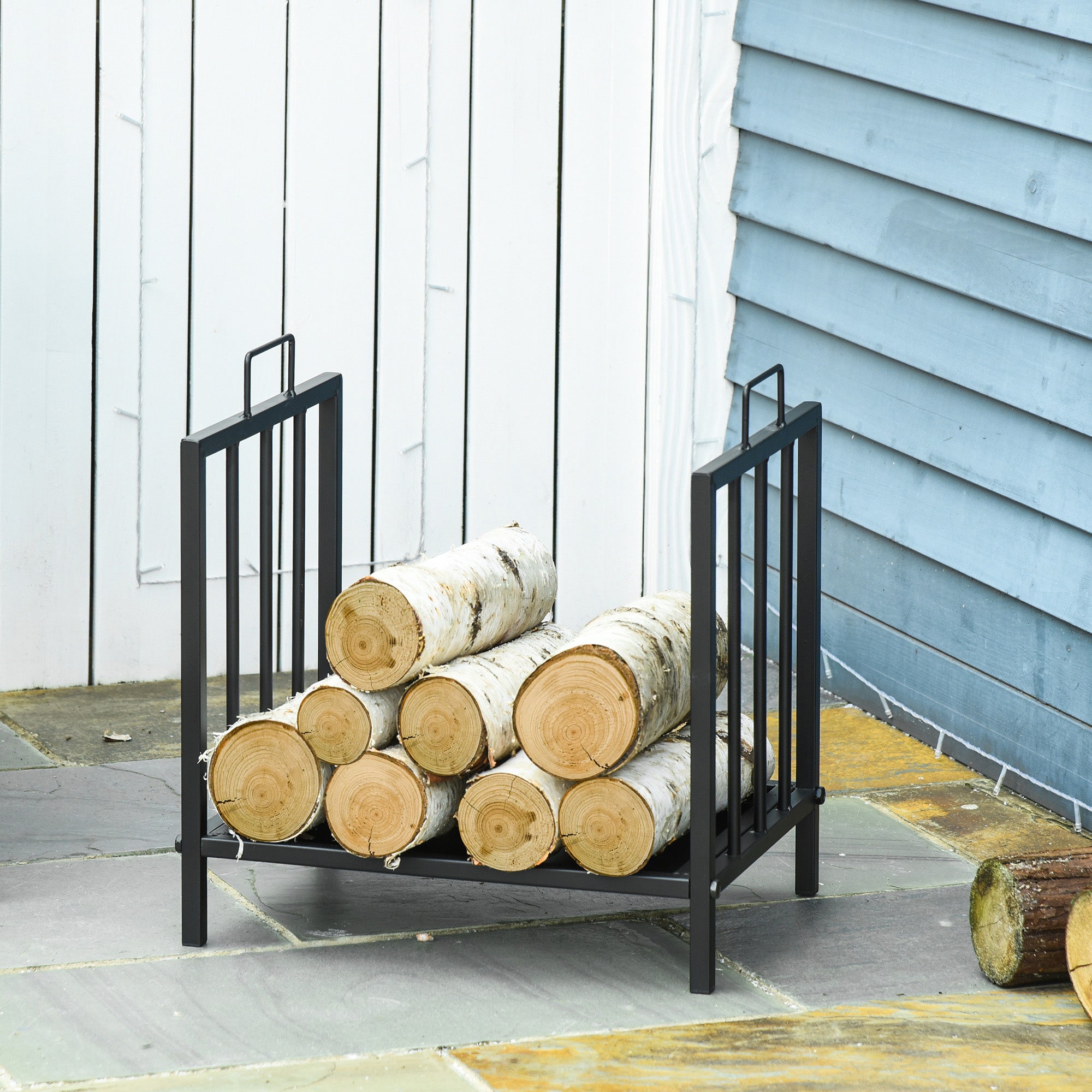 Indoor and Outdoor Metal Log Holder with 2 Handles and Raised Base for 50kg of Wood, 39x32.5x46cm, Black