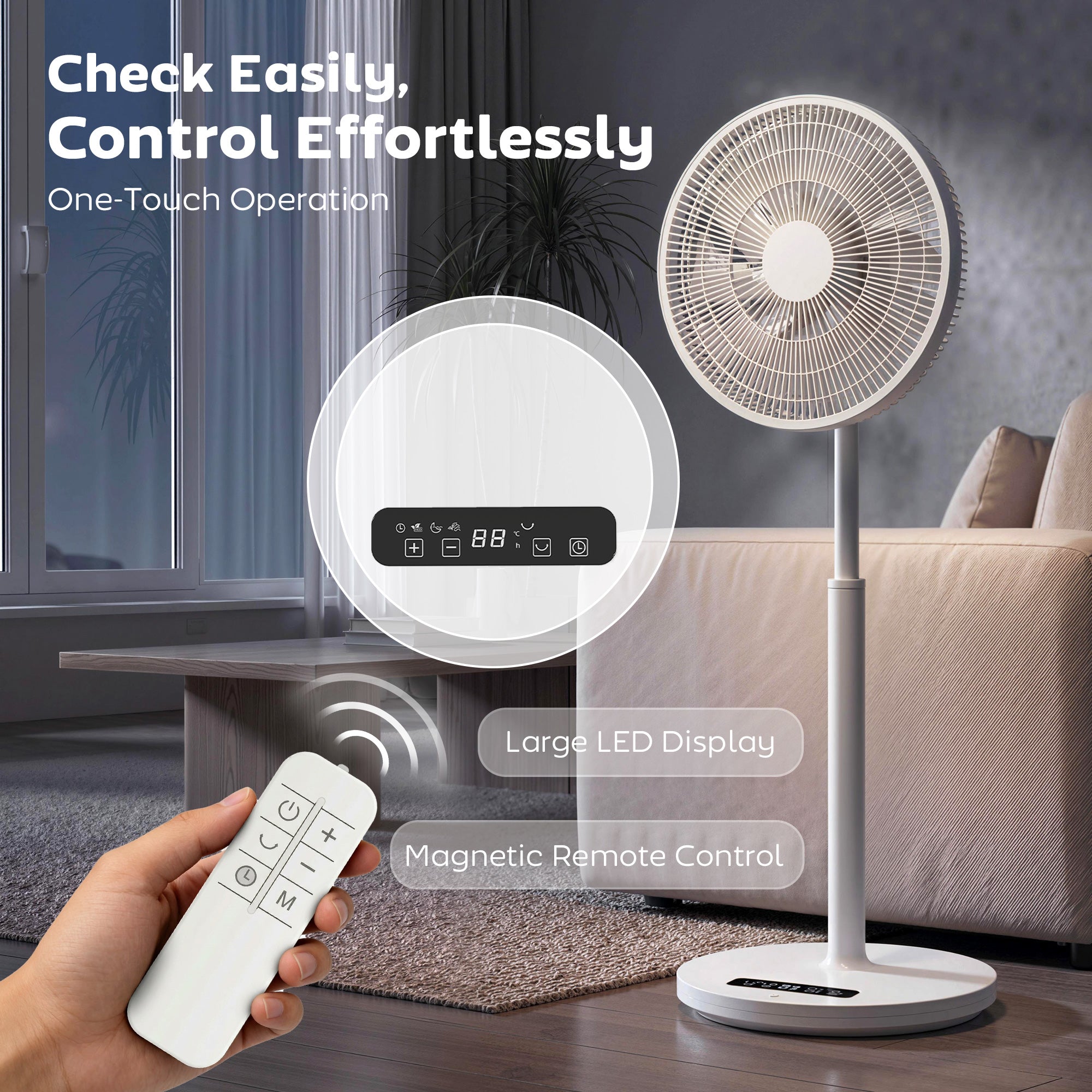 15.4 in Pedestal Fan — 12 Speeds, 4 Modes, 9H Timer, 120° Oscillation, Height Adjustable, Magnetic Remote, White