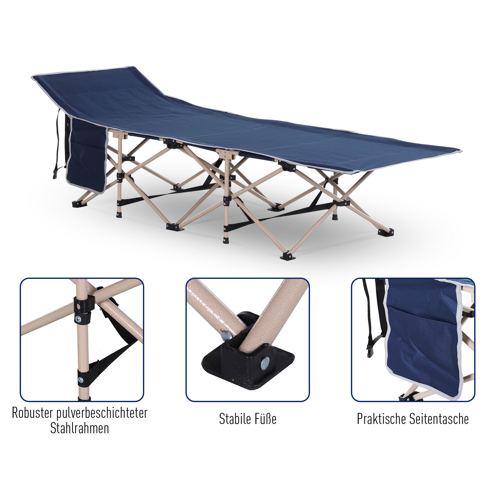 Folding Camp Bed Camping Bed with Carry Bag 190 x 68 x 52 cm Camp Bed up to 150 kg Guest Bed for Adults Folding Bed for Indoor, Outdoor, Garden Camping in Blue