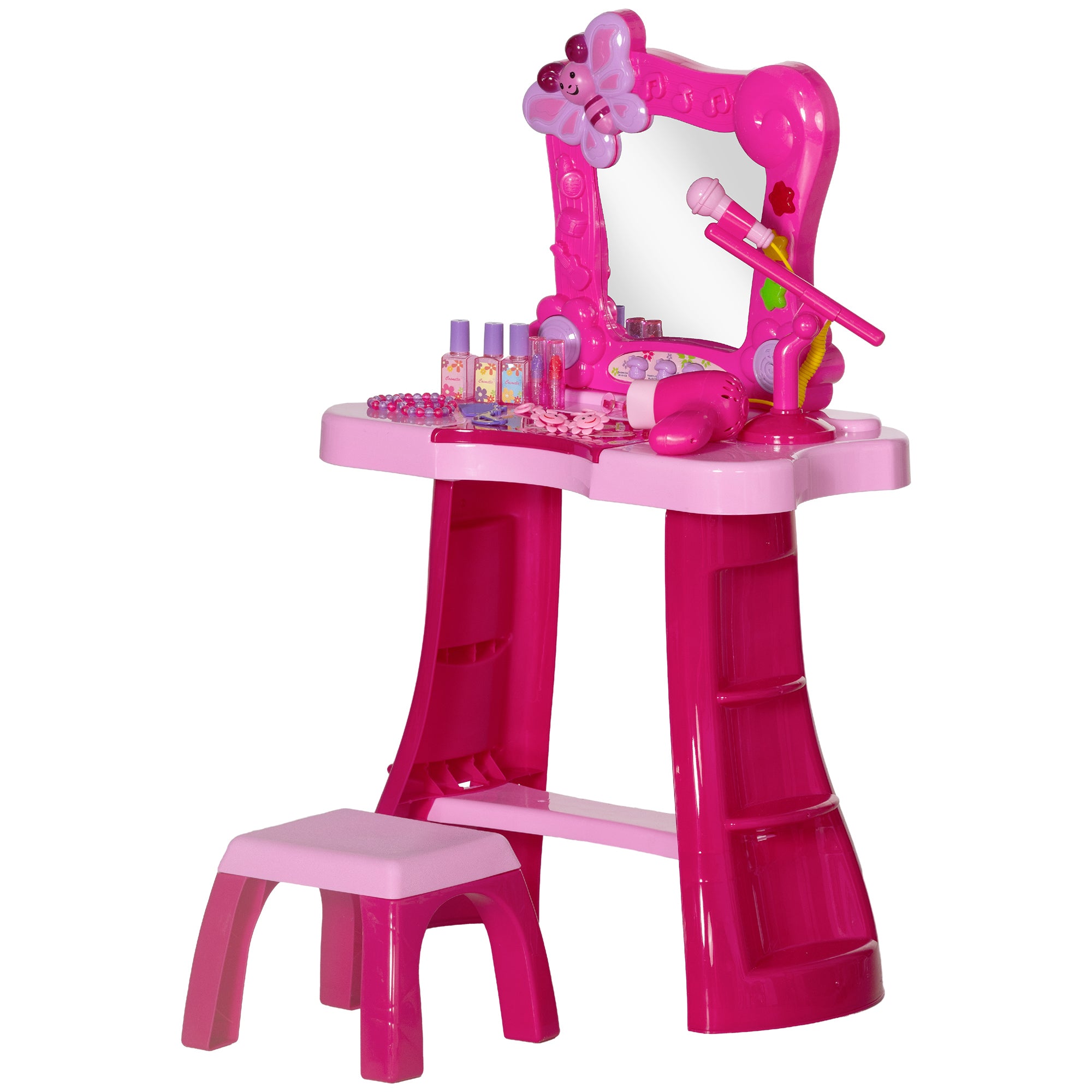 Children's Vanity Set 15 PCS, Makeup Table with Stool and Mirror, Light, Music, Microphone, Hair Dryer, Storage Space, for Girls 3 to 6 Years Old, Pink
