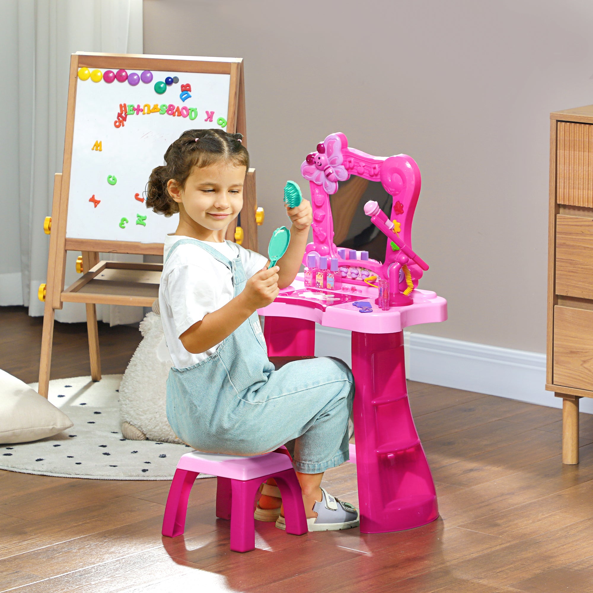 Children's Vanity Set 15 PCS, Makeup Table with Stool and Mirror, Light, Music, Microphone, Hair Dryer, Storage Space, for Girls 3 to 6 Years Old, Pink