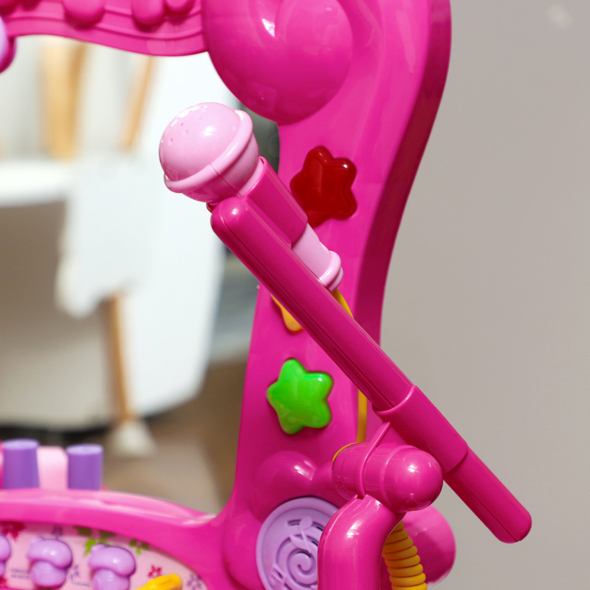 Children's Vanity Set 15 PCS, Makeup Table with Stool and Mirror, Light, Music, Microphone, Hair Dryer, Storage Space, for Girls 3 to 6 Years Old, Pink