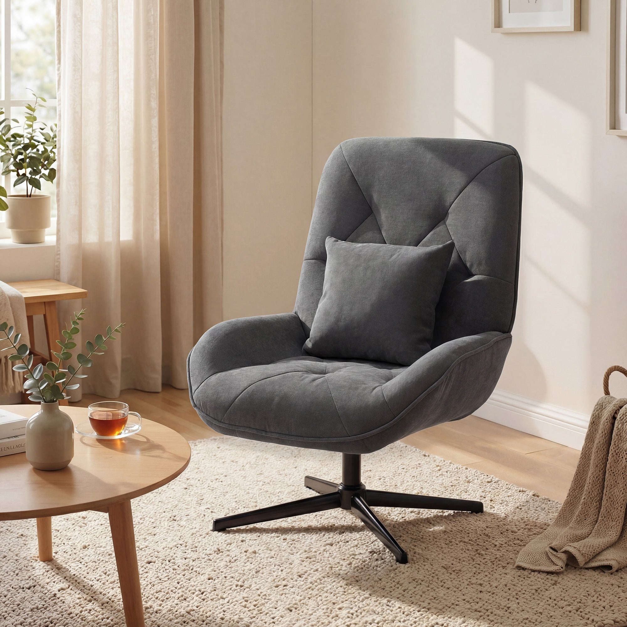 Swivel Chair with Lumbar Pillow, Chenille Upholstery, High Back, Steel Legs — Dark Gray