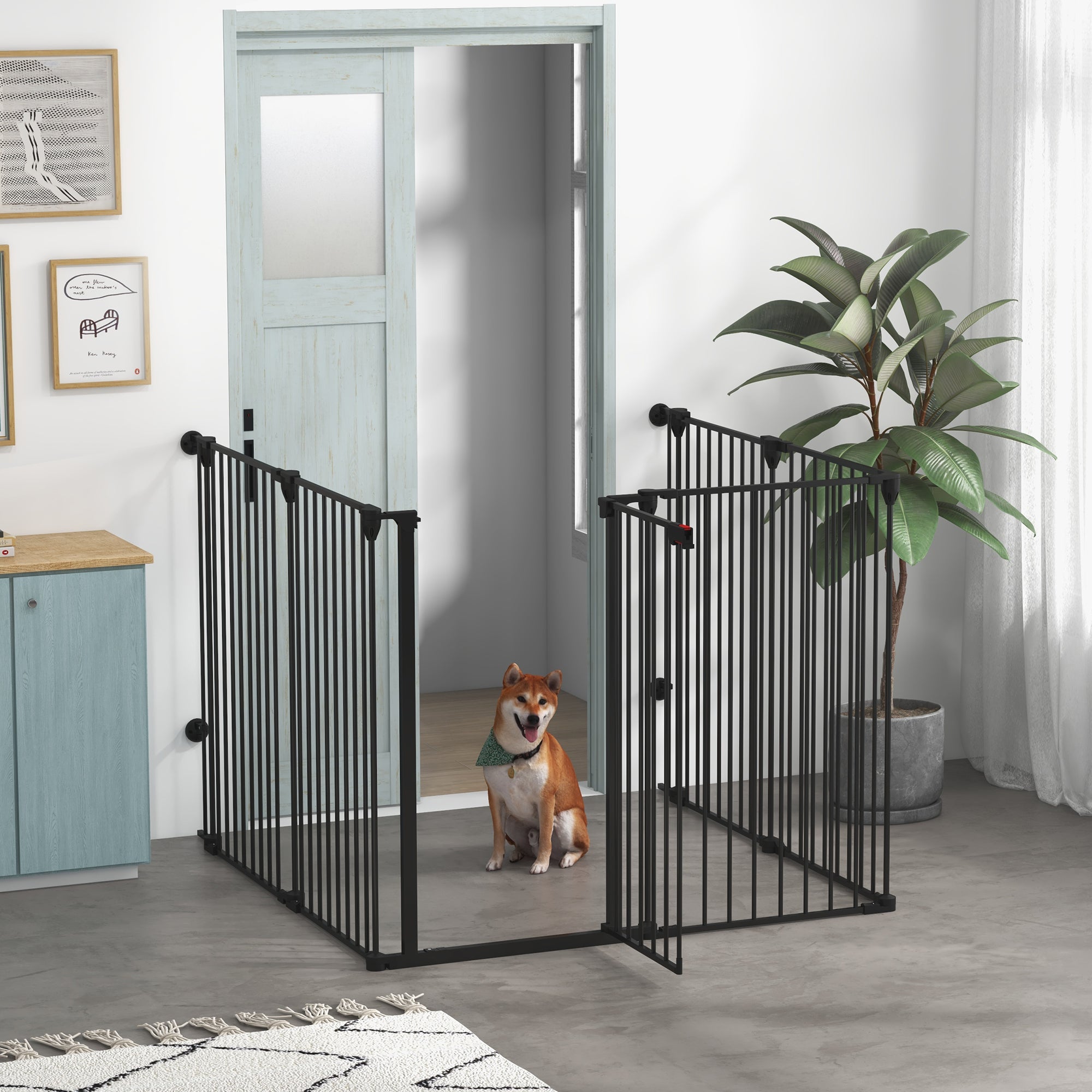 Foldable Gate for Medium and Large Dogs with Double Lock 6-Panel Steel and Plastic Construction, Indoor Safety Gate, 123x102x100 cm, Black