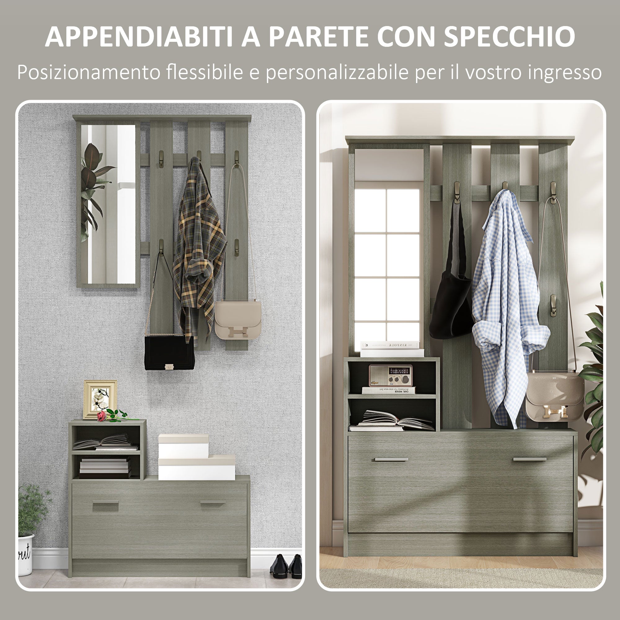 4 in 1 Entryway Furniture Set with Coat Rack, Mirror, Bench with Shelf and Shoe Rack for 8 Pairs of Shoes, Gray