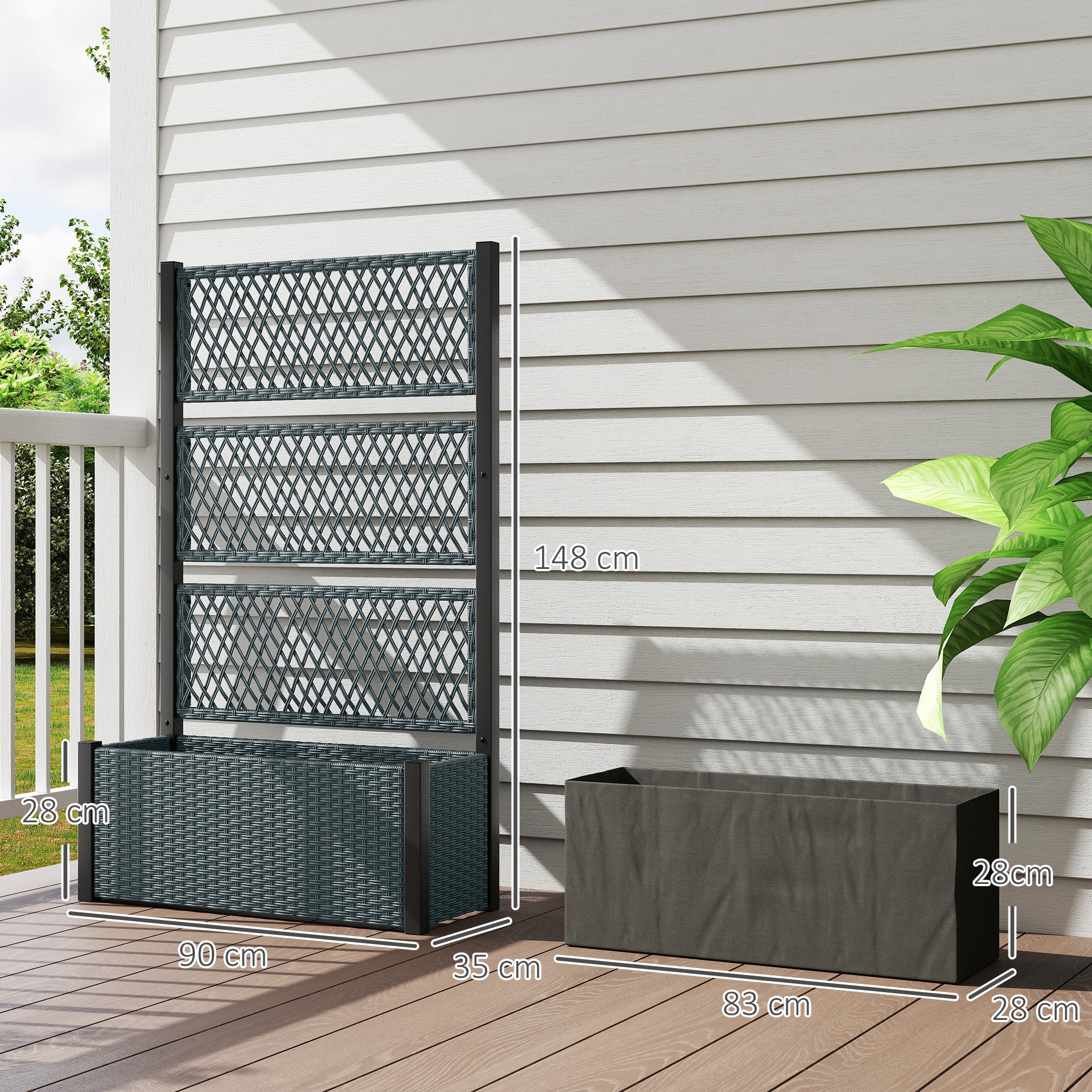 Large Rattan Planter with Trellis — Elevated Outdoor Planter with Breathable Liner for Climbing Plants, 58.3 x 35.4 x 13.8 in (148 x 90 x 35 cm), Dark Gray