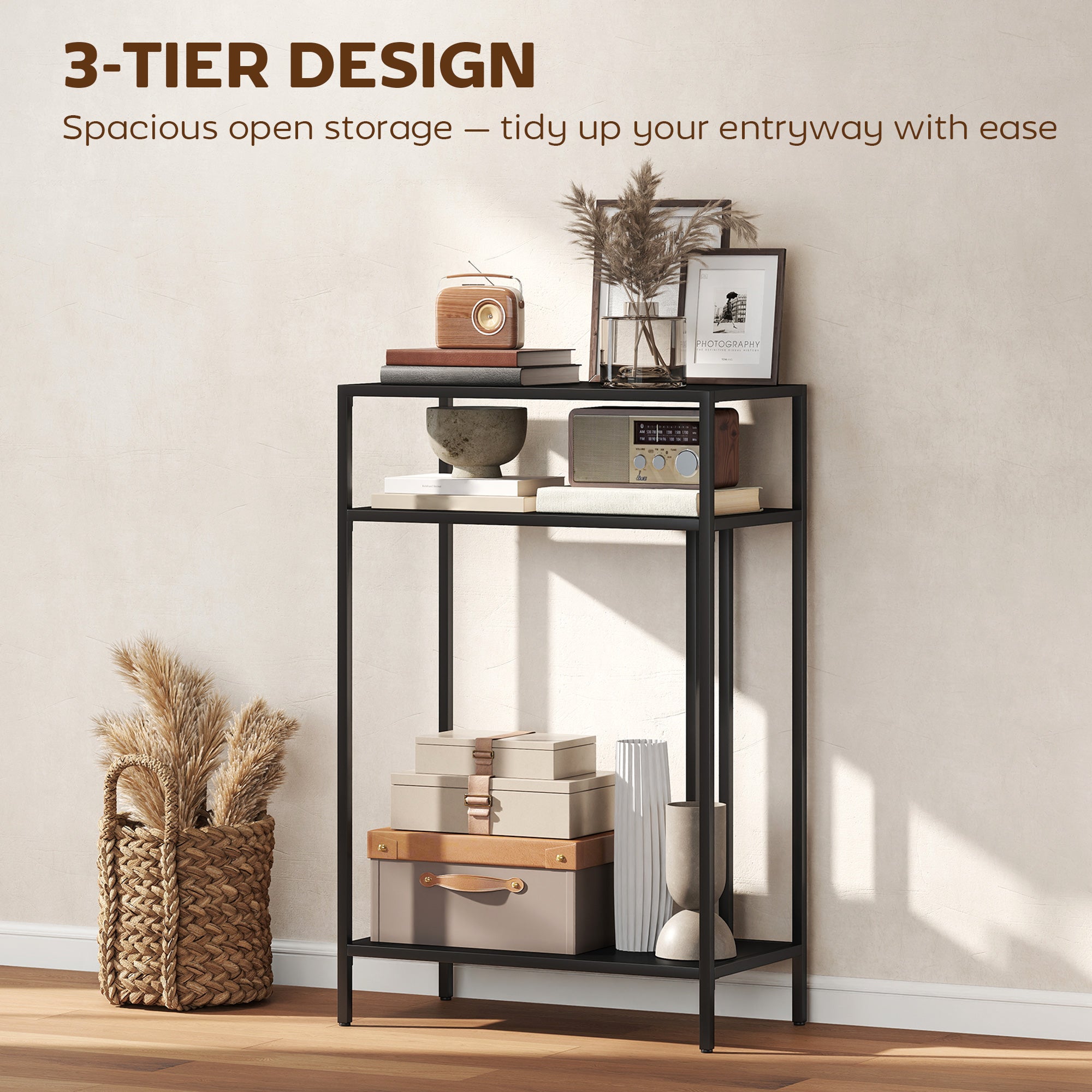 Narrow Console Table with 3 Tiers, Industrial Metal Side Table for Living Room & Hallway, 55 x 30 x 85 cm (21.7 x 11.8 x 33.5 in), Black