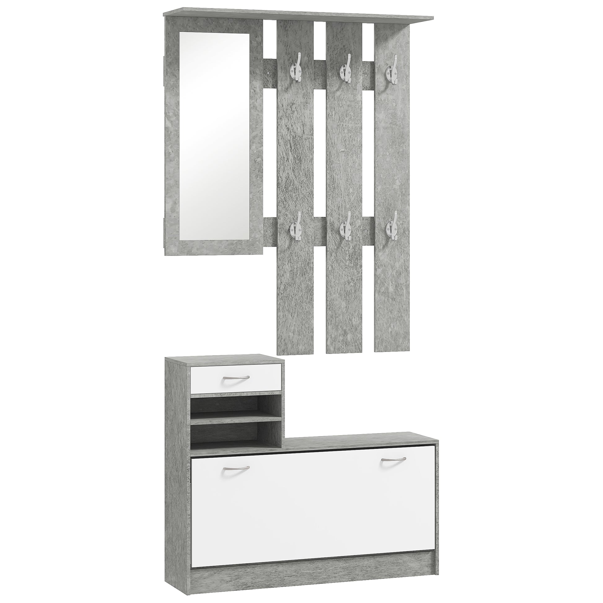 Modern Entryway Furniture Set with Shoe Cabinet and Mirror, Entry Coat Rack with 6 Hooks, 2 Adjustable Shelves and Wooden Drawers for Hallway, 90x24x177 cm, White and Light Gray