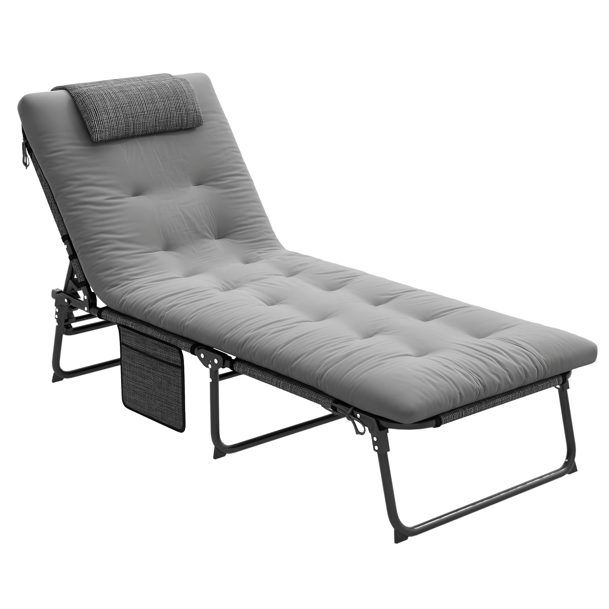 Foldable and Reclining Garden Lounger with Side Pocket, Headrest, and Cushion, Lounger in Mesh Fabric, Polyester and Steel, 68x189x30 cm, Black and Gray