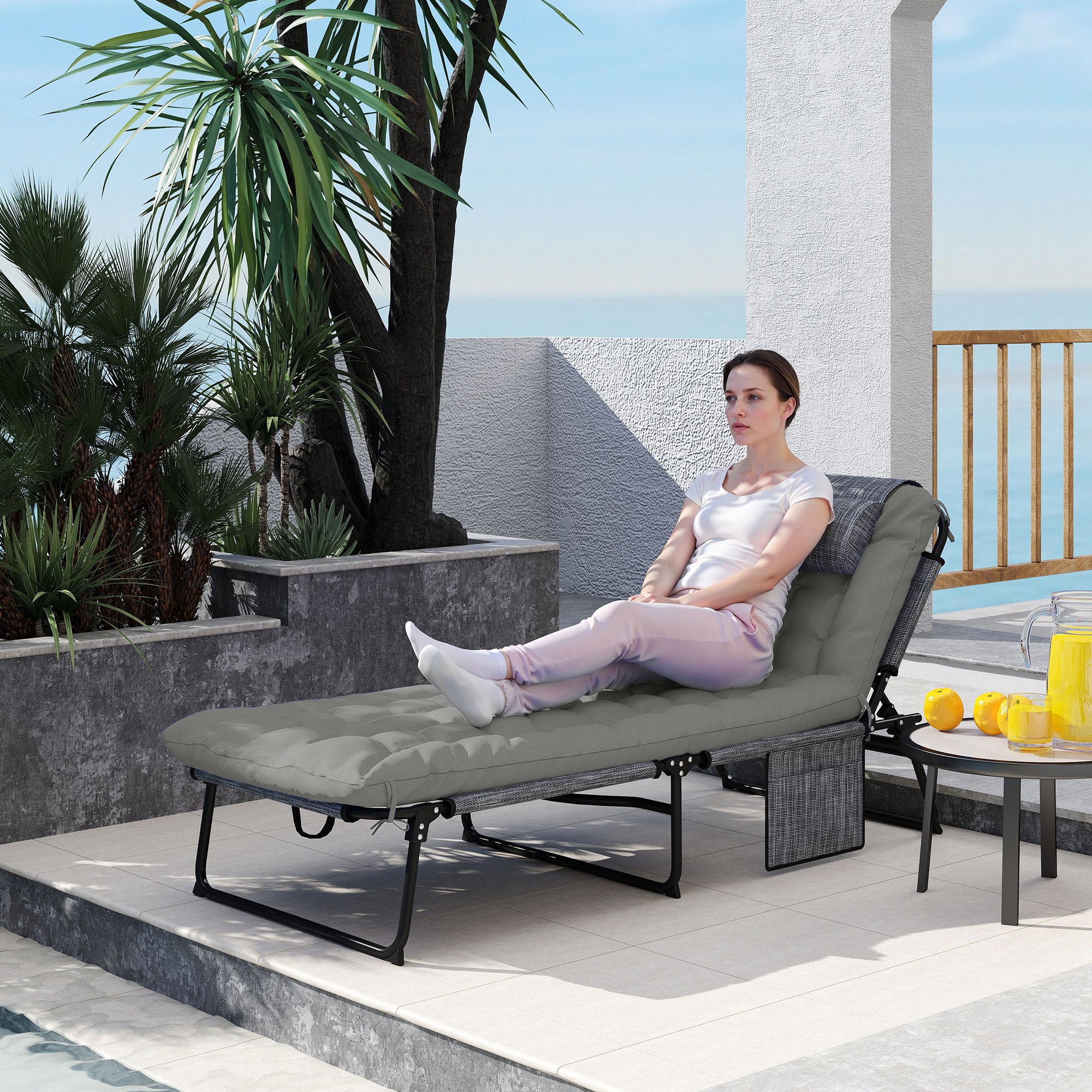 Foldable and Reclining Garden Lounger with Side Pocket, Headrest, and Cushion, Lounger in Mesh Fabric, Polyester and Steel, 68x189x30 cm, Black and Gray