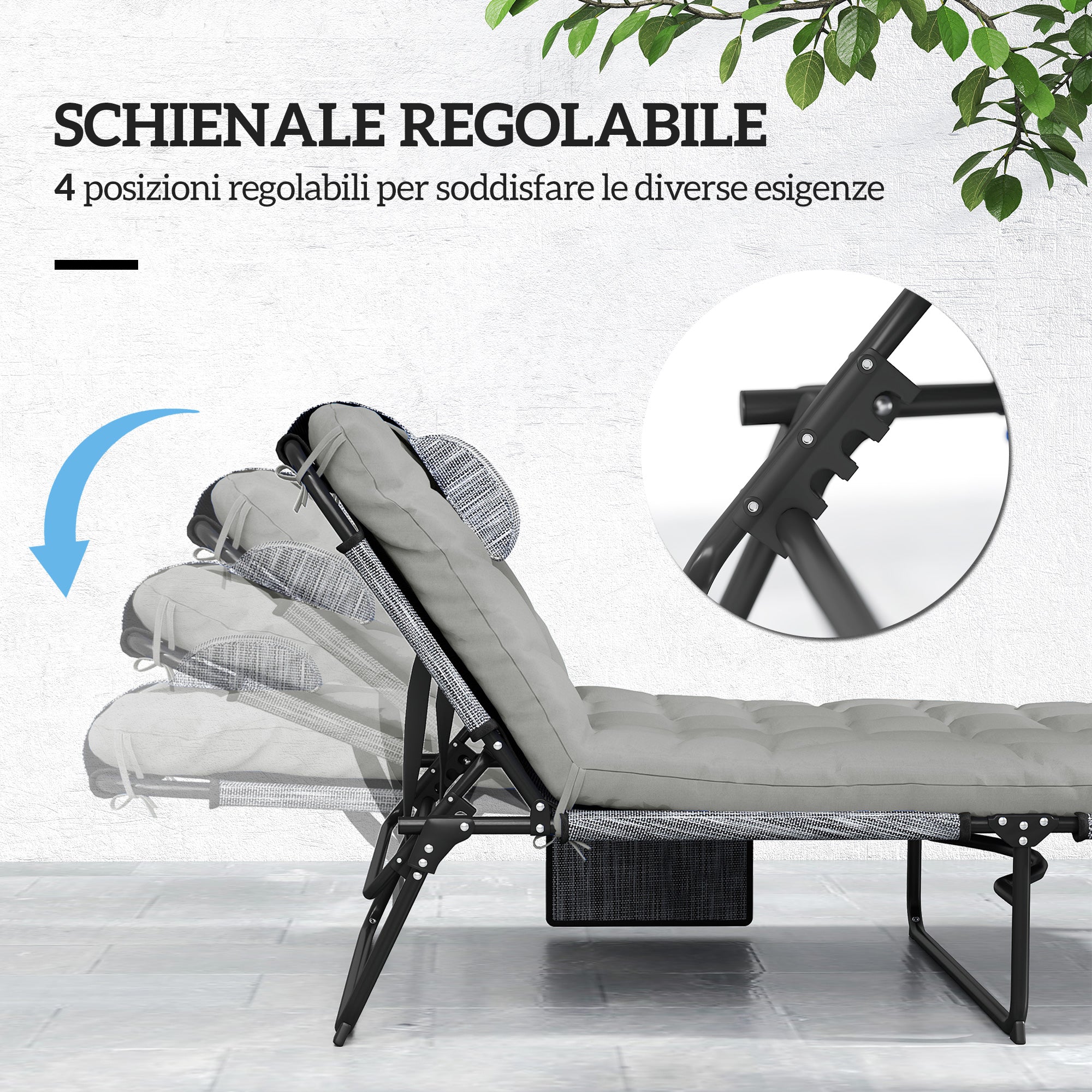 Foldable and Reclining Garden Lounger with Side Pocket, Headrest, and Cushion, Lounger in Mesh Fabric, Polyester and Steel, 68x189x30 cm, Black and Gray