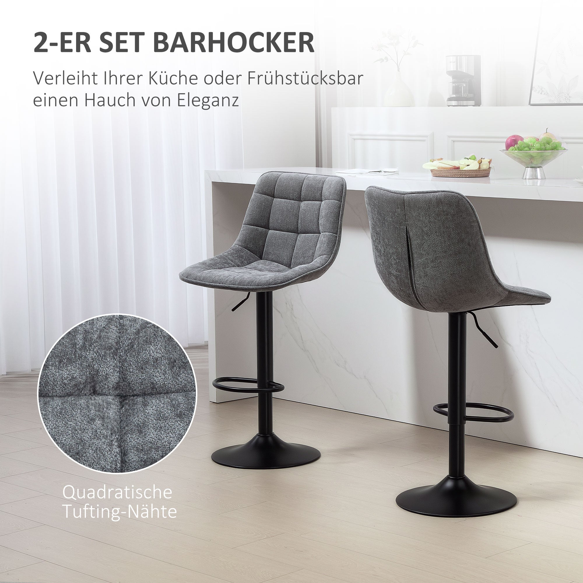 Bar Stool Set of 2, Upholstered Bar Chair with Backrest, Steel Frame, Chenille Look, Height Adjustable Kitchen Chairs with Footrest 360° Swivel Counter Stool for Kitchen, Living Room Dark Gray