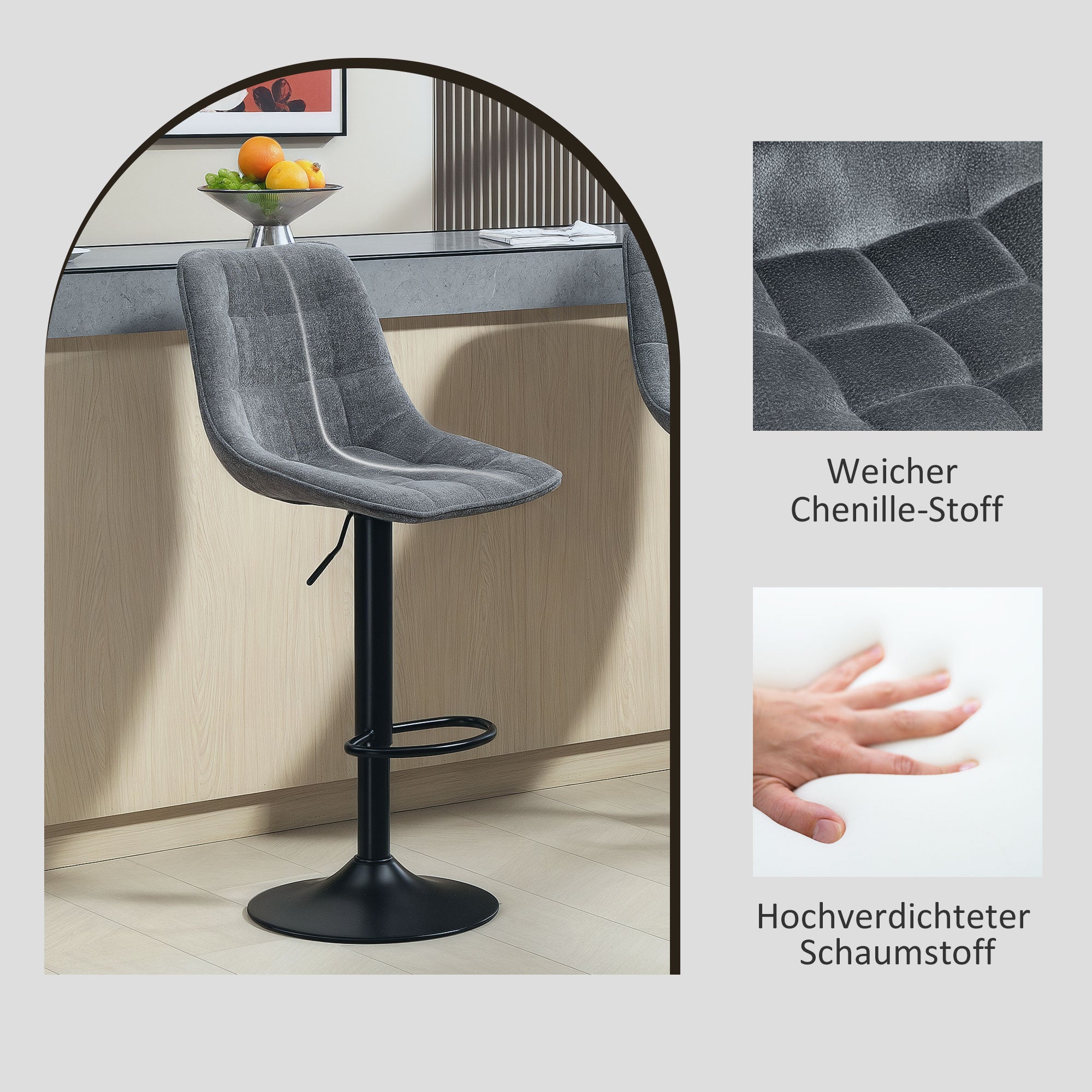 Bar Stool Set of 2, Upholstered Bar Chair with Backrest, Steel Frame, Chenille Look, Height Adjustable Kitchen Chairs with Footrest 360° Swivel Counter Stool for Kitchen, Living Room Dark Gray