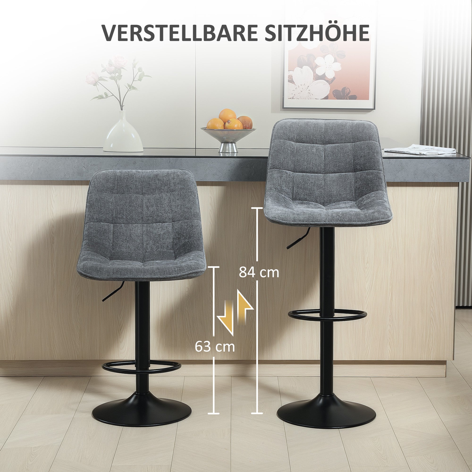Bar Stool Set of 2, Upholstered Bar Chair with Backrest, Steel Frame, Chenille Look, Height Adjustable Kitchen Chairs with Footrest 360° Swivel Counter Stool for Kitchen, Living Room Dark Gray