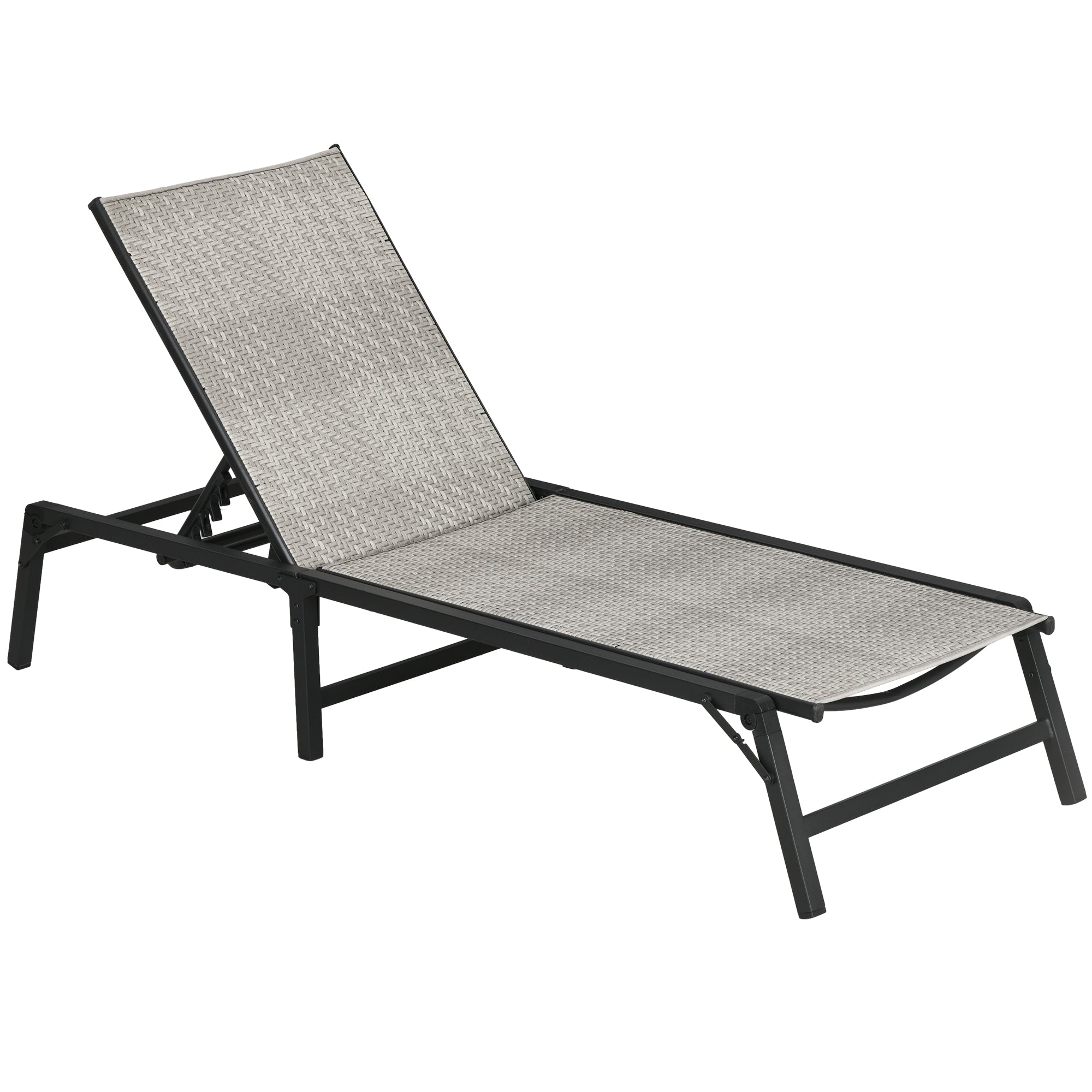 Reclining Folding Rattan Lounger with Adjustable 5-Level Backrest and Steel Frame Load 330 lbs for Patio Terrace Gradient Light Gray