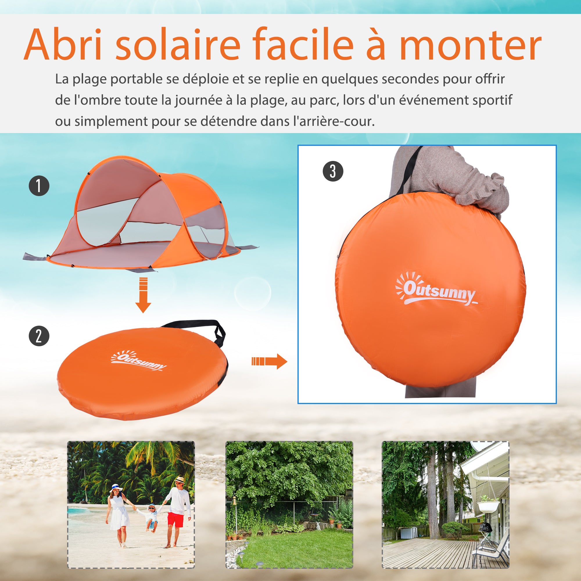 Beach Shelter Folding Pop-Up Beach Tent Automatic Instant UV Protection Rear Window Large Floor Mat Orange