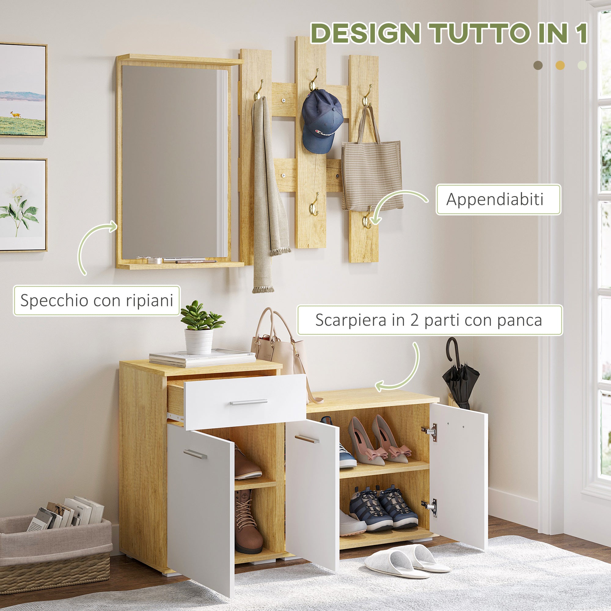 3-in-1 Entrance Set with Wall Coat Rack, Mirror, and Shoe Cabinet with Bench in Wood Color and White