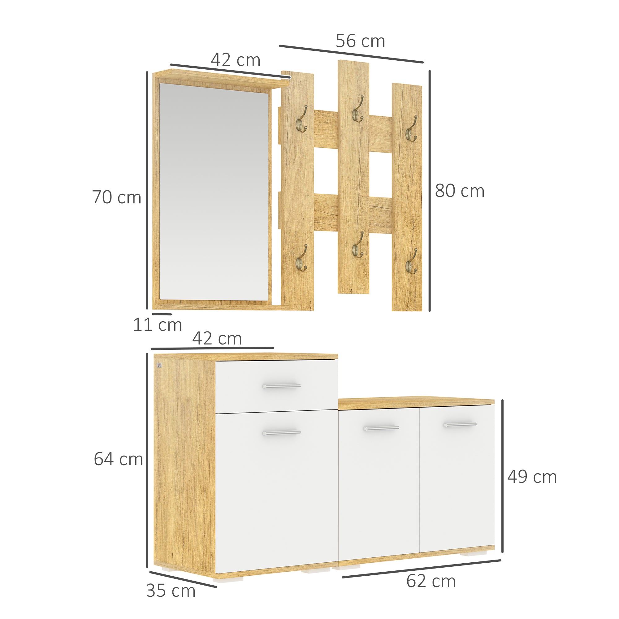 3-in-1 Entrance Set with Wall Coat Rack, Mirror, and Shoe Cabinet with Bench in Wood Color and White