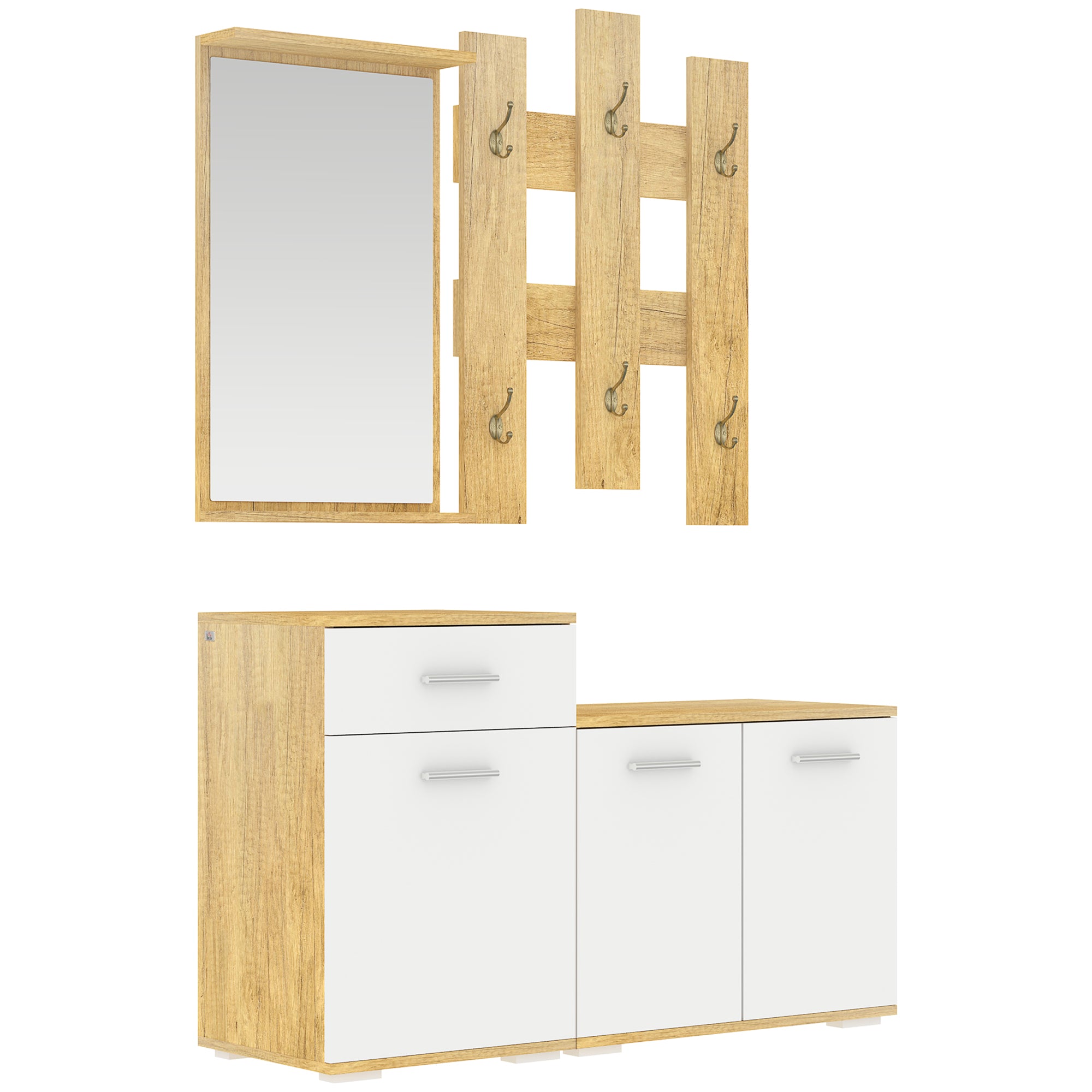 3-in-1 Entrance Set with Wall Coat Rack, Mirror, and Shoe Cabinet with Bench in Wood Color and White