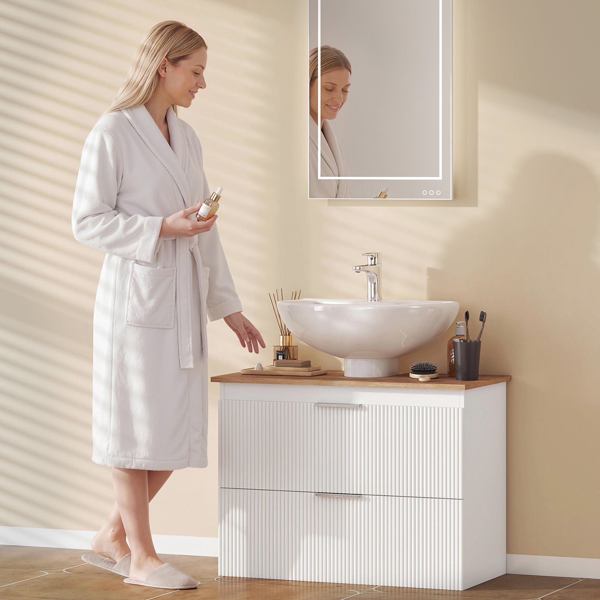Bathroom Vanity Base Cabinet with Two Large Drawers, Two-Tone Design, Fits Pedestal or Basin Sinks, 31.5 x 15.7 x 23.6 in (80 x 40 x 60 cm), White & Natural