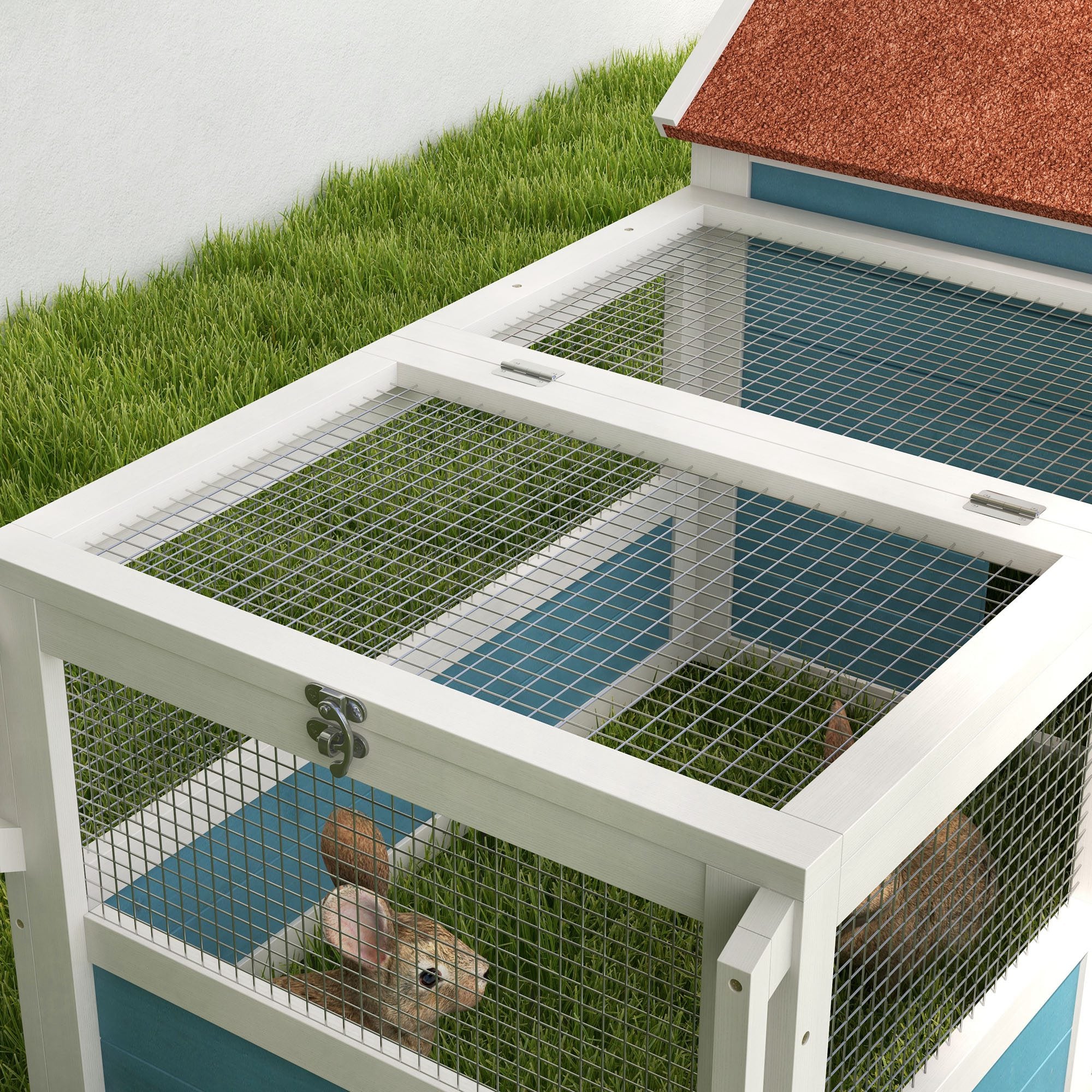Large Outdoor Wooden Rabbit Hutch 162.5x59.2x77.6 cm Cage with 2 Decorative Windows 2 Wheels 1 Door 1 Ramp and Blue Asphalt Roof