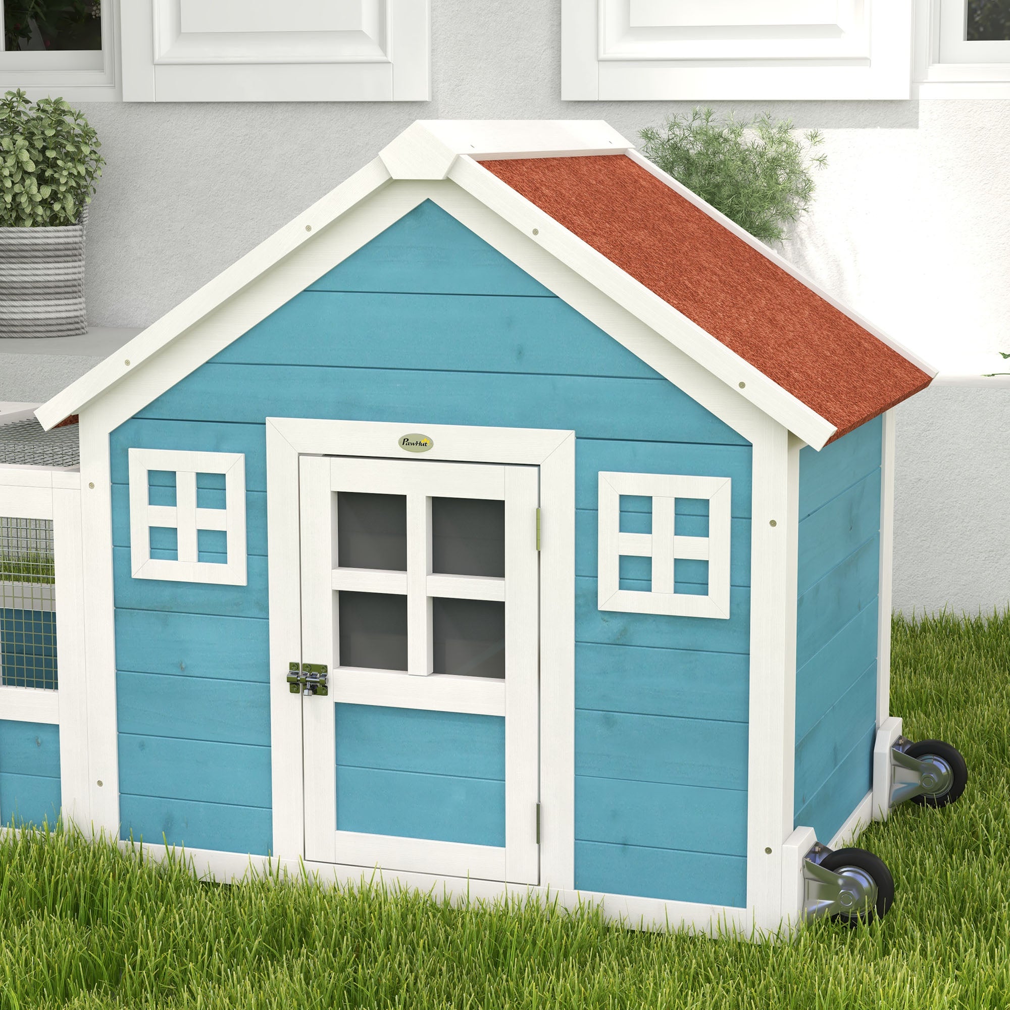 Large Outdoor Wooden Rabbit Hutch 162.5x59.2x77.6 cm Cage with 2 Decorative Windows 2 Wheels 1 Door 1 Ramp and Blue Asphalt Roof