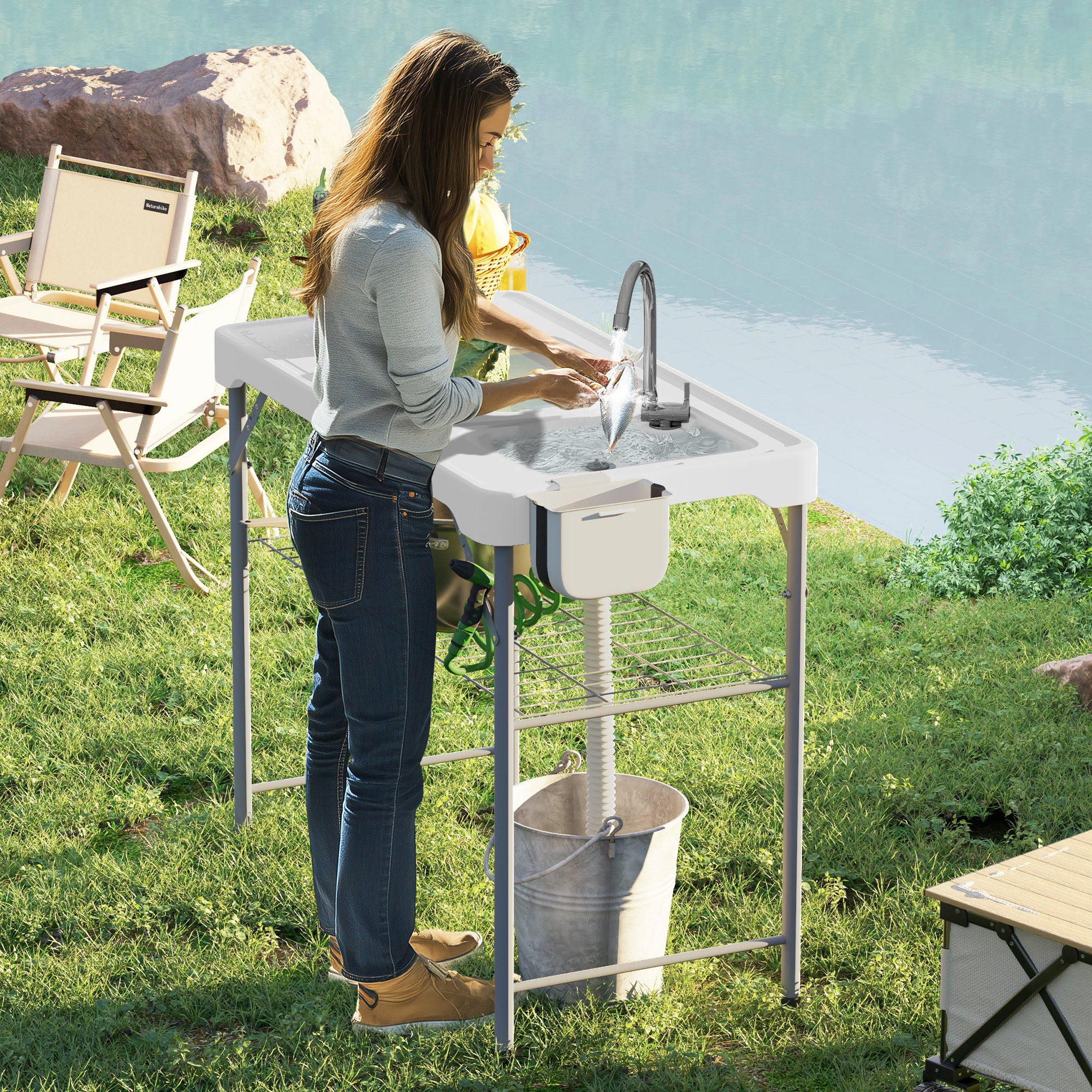 Portable Fish Cleaning Table Folding Camping Table with 2 Sinks Drainage Hose Cleaning Station and Faucet for Fishing BBQ 108x58x92 cm White