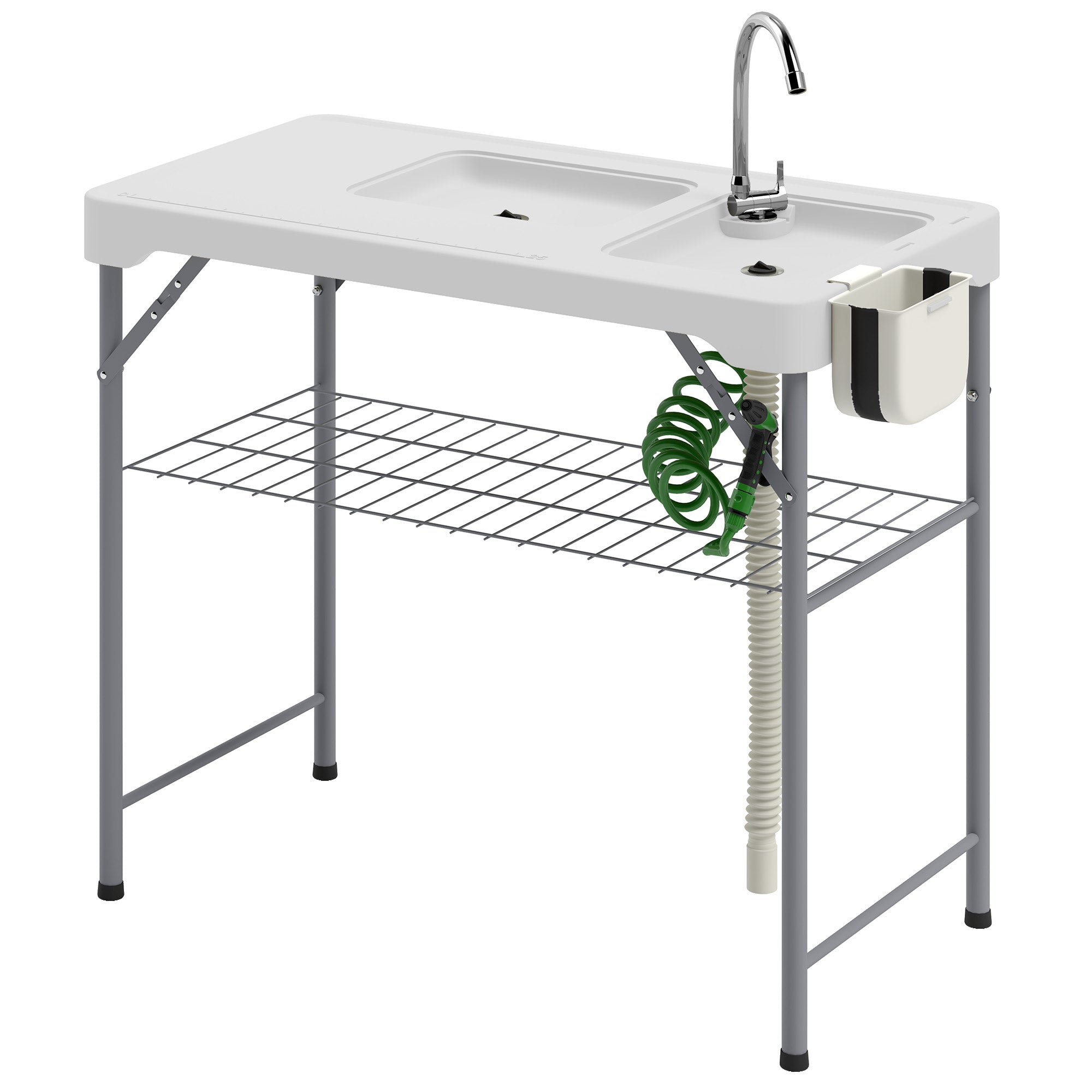 Portable Fish Cleaning Table Folding Camping Table with 2 Sinks Drainage Hose Cleaning Station and Faucet for Fishing BBQ 108x58x92 cm White