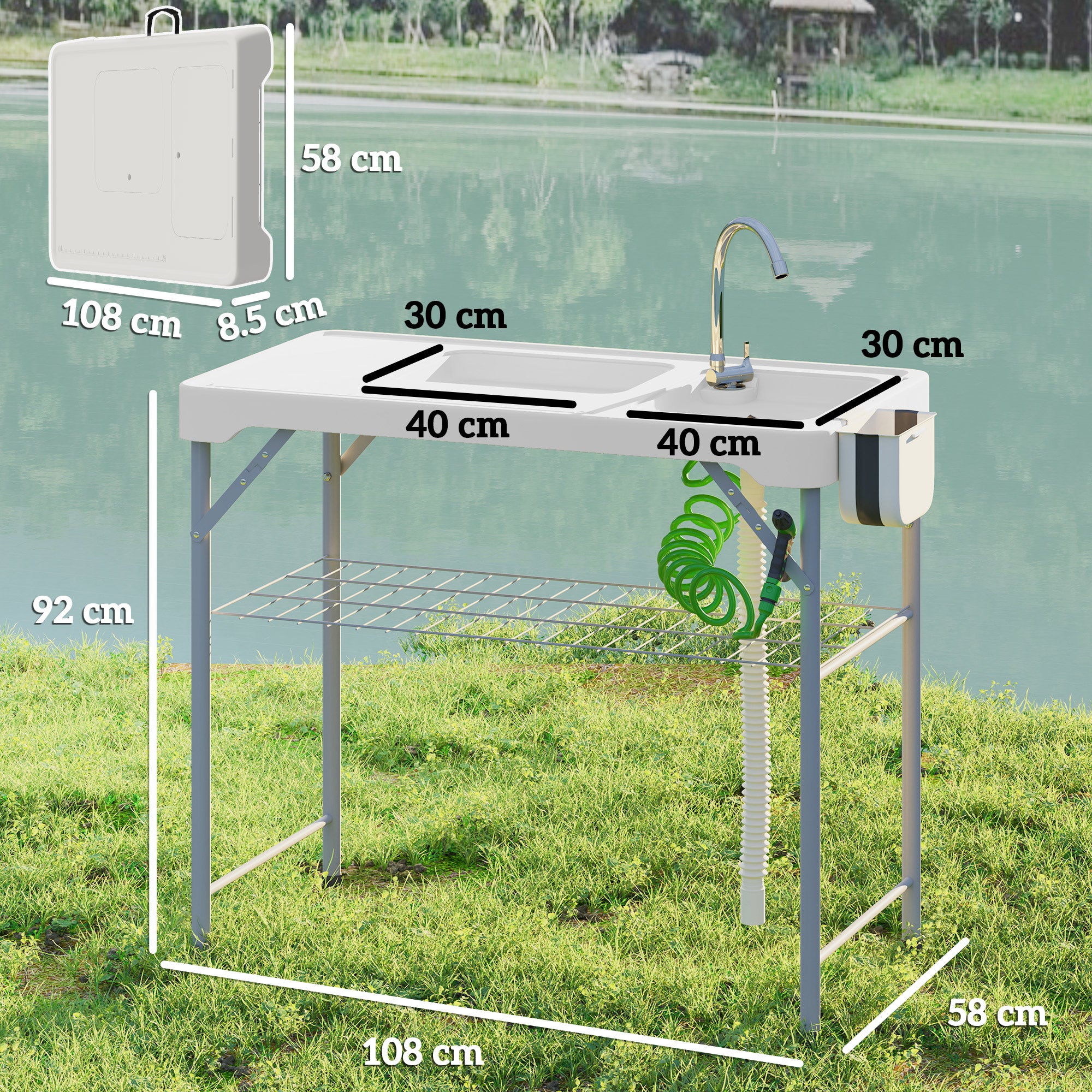 Portable Fish Cleaning Table Folding Camping Table with 2 Sinks Drainage Hose Cleaning Station and Faucet for Fishing BBQ 108x58x92 cm White