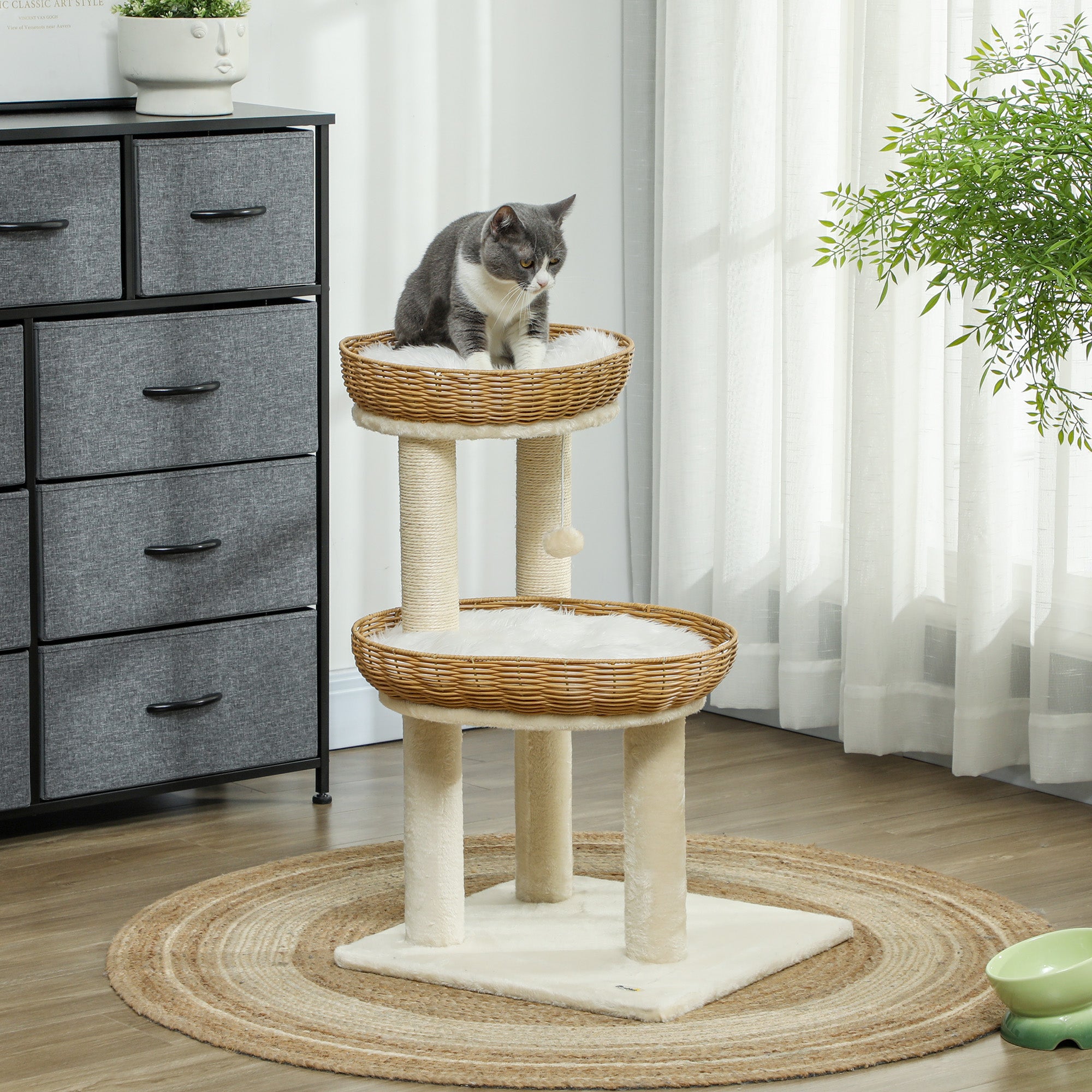 Cat Tree, Climbing Tree, 75.5 cm Height, with Two Rattan Cat Beds, Scratching Posts, Washable Cushions, Toy Ball, Beige