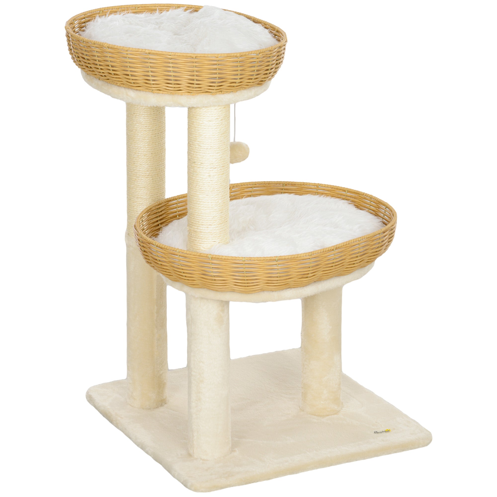 Cat Tree, Climbing Tree, 75.5 cm Height, with Two Rattan Cat Beds, Scratching Posts, Washable Cushions, Toy Ball, Beige