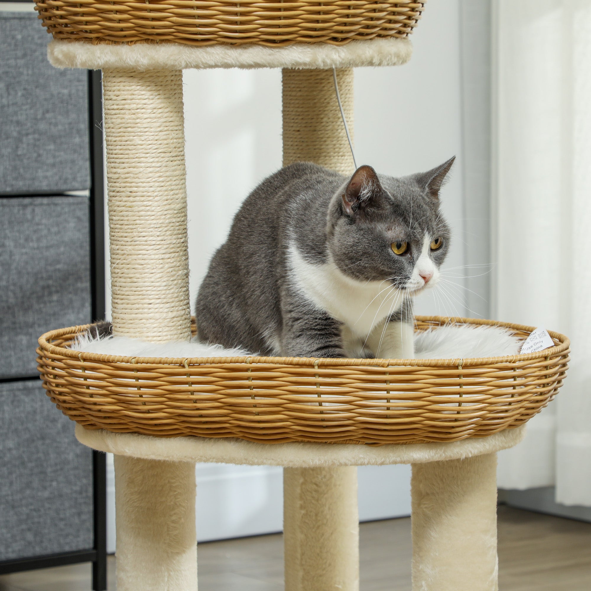 Cat Tree, Climbing Tree, 75.5 cm Height, with Two Rattan Cat Beds, Scratching Posts, Washable Cushions, Toy Ball, Beige