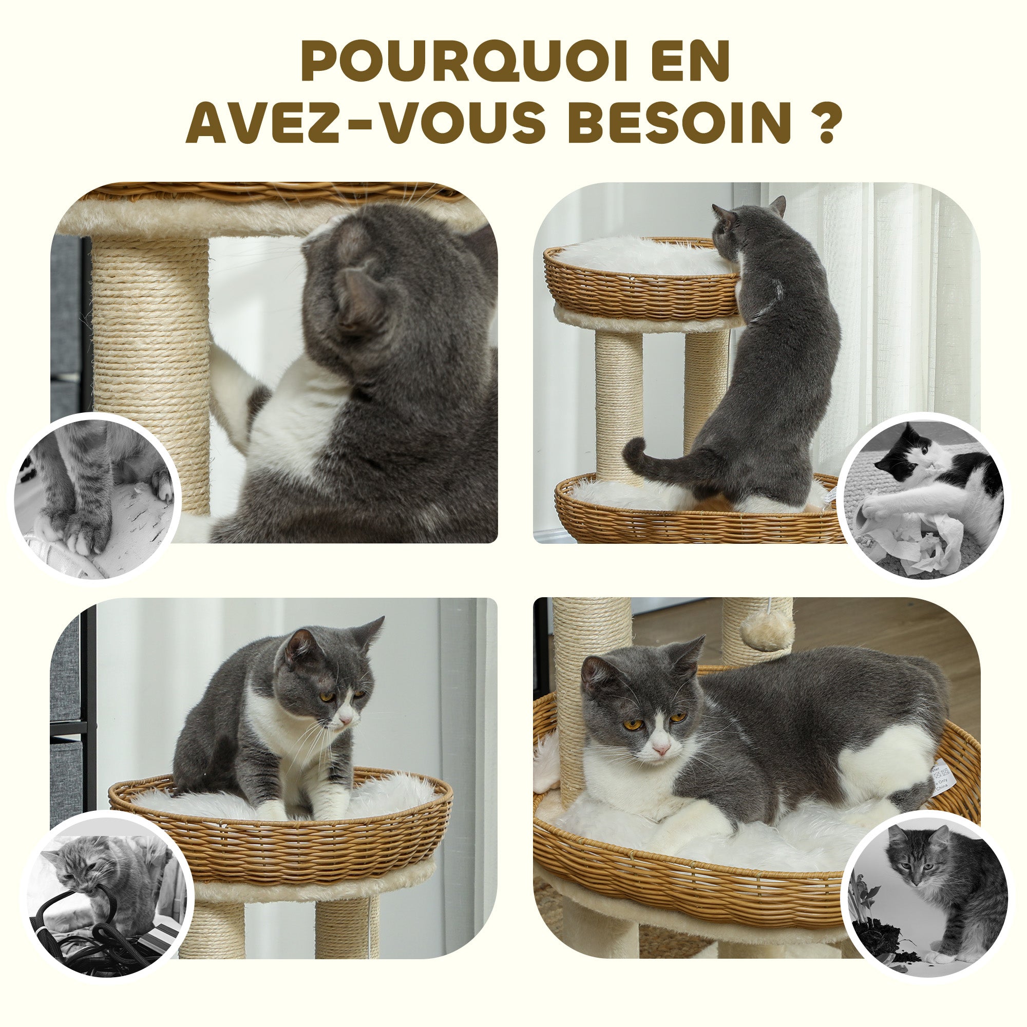 Cat Tree, Climbing Tree, 75.5 cm Height, with Two Rattan Cat Beds, Scratching Posts, Washable Cushions, Toy Ball, Beige