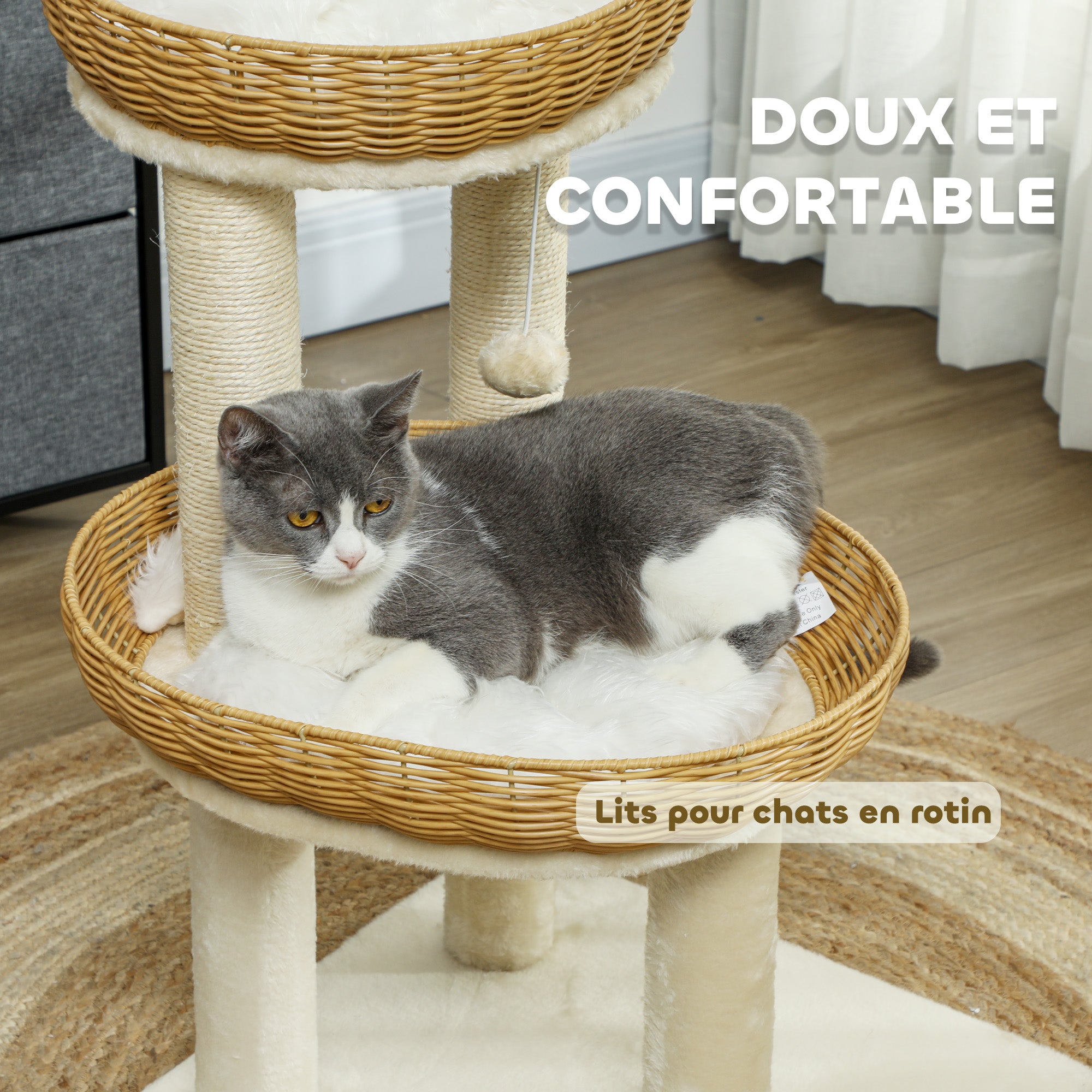 Cat Tree, Climbing Tree, 75.5 cm Height, with Two Rattan Cat Beds, Scratching Posts, Washable Cushions, Toy Ball, Beige