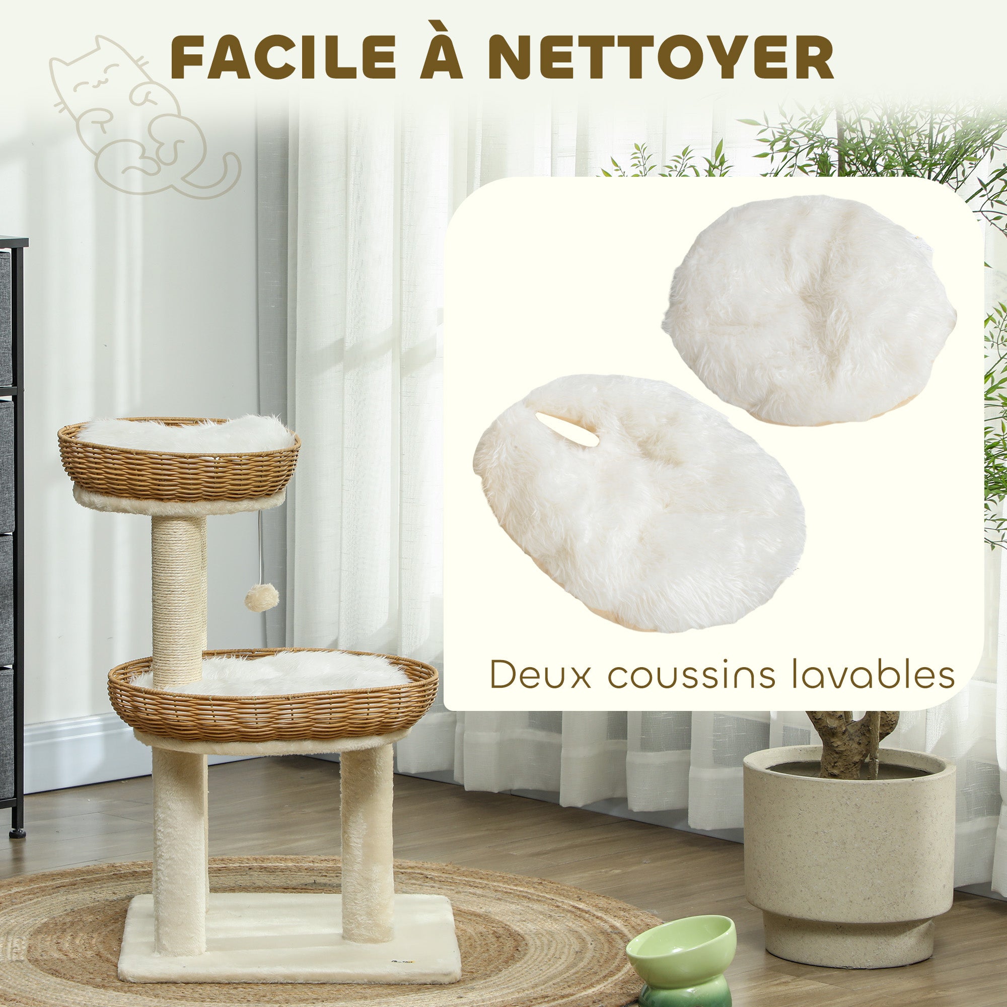 Cat Tree, Climbing Tree, 75.5 cm Height, with Two Rattan Cat Beds, Scratching Posts, Washable Cushions, Toy Ball, Beige