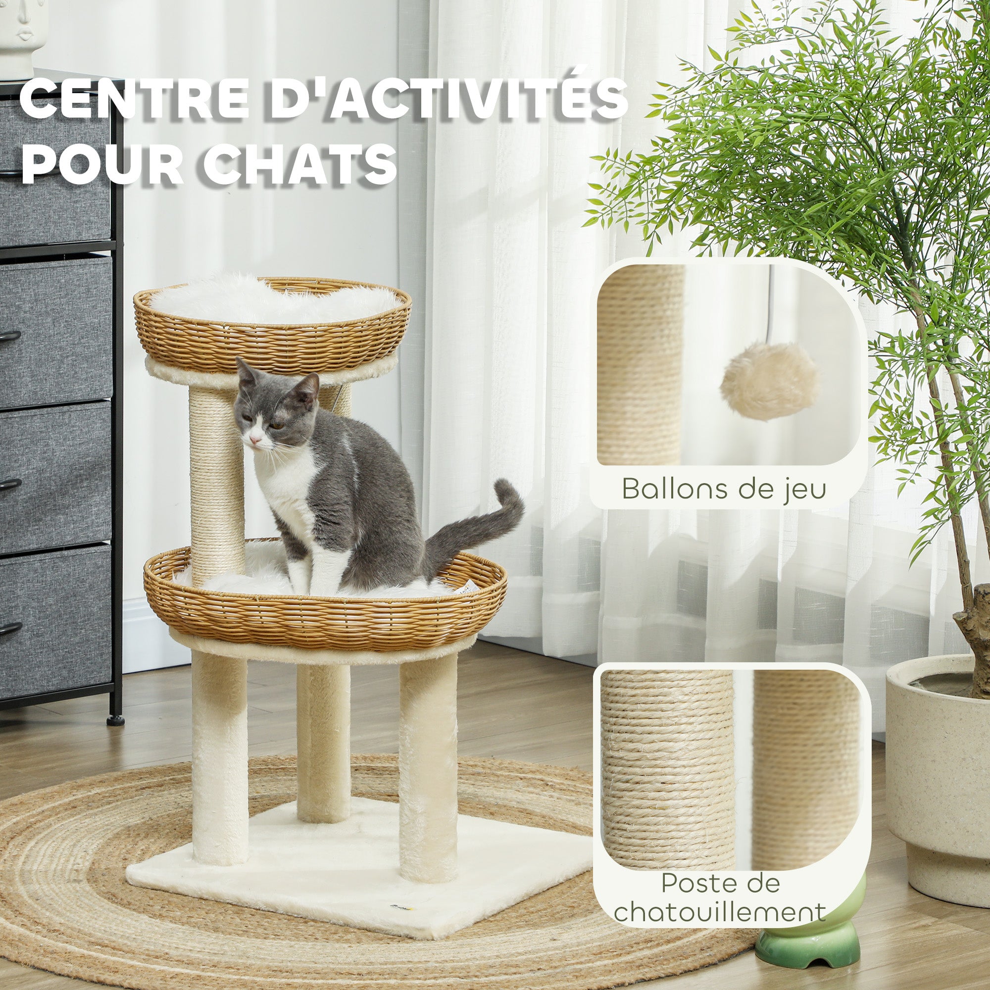 Cat Tree, Climbing Tree, 75.5 cm Height, with Two Rattan Cat Beds, Scratching Posts, Washable Cushions, Toy Ball, Beige