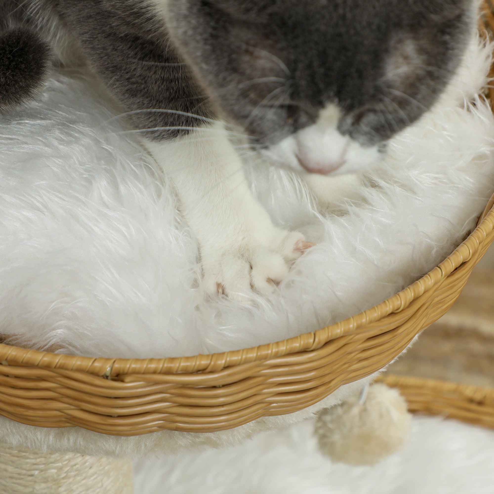 Cat Tree, Climbing Tree, 75.5 cm Height, with Two Rattan Cat Beds, Scratching Posts, Washable Cushions, Toy Ball, Beige