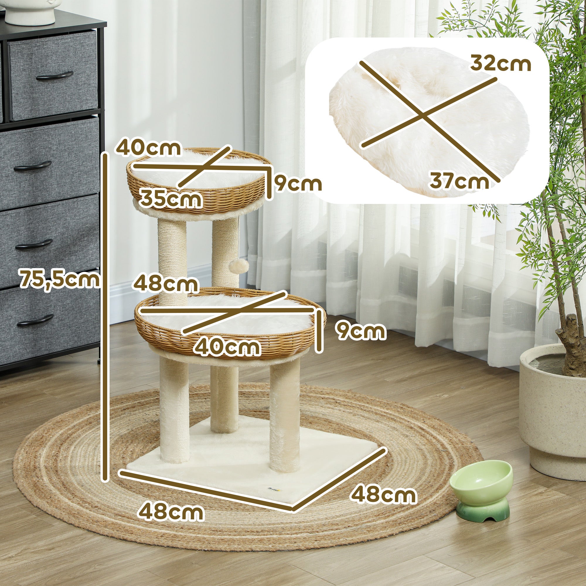 Cat Tree, Climbing Tree, 75.5 cm Height, with Two Rattan Cat Beds, Scratching Posts, Washable Cushions, Toy Ball, Beige