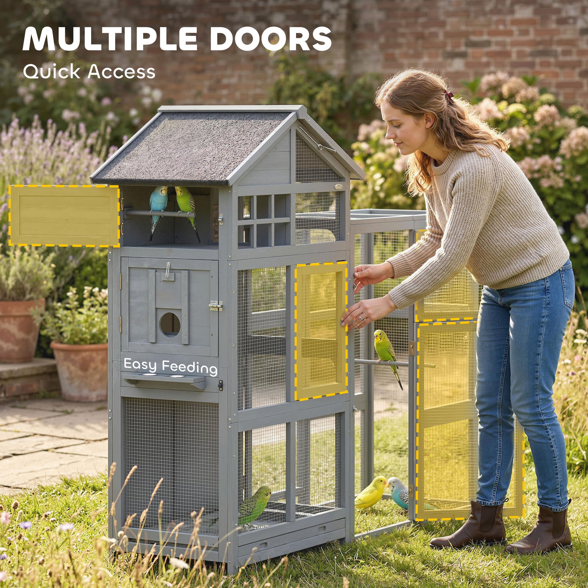 Wooden Bird Aviary with Extension — 6 Perches, 7 Doors, Storage Compartment, Pull-Out Drawer, Stainless Bowls for Finches & Budgies, Gray — 196 x 60 x 164.5 cm (77.2 x 23.6 x 64.8 in)