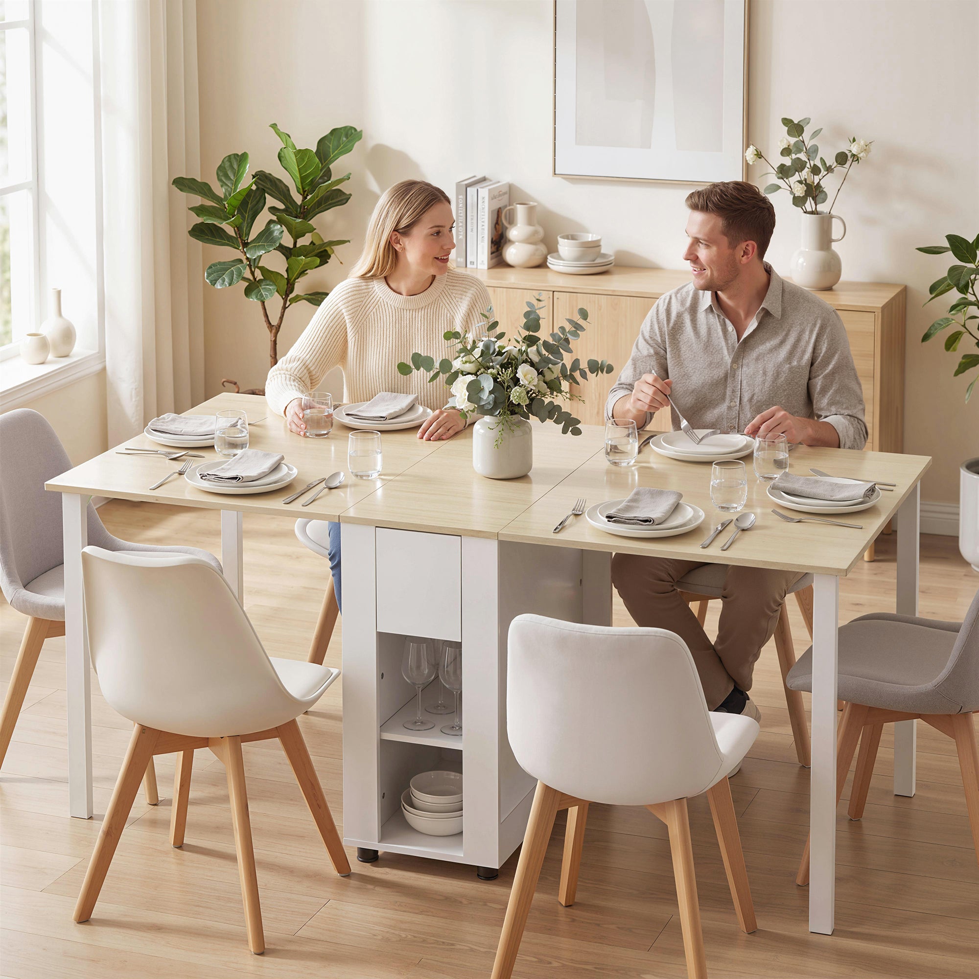Folding Dining Table, Foldable Kitchen Table for 6 People with Drop Leaves, Drawers and Open Shelves for Small Spaces, 66.3 x 33.5 x 28.7 in (168.2 x 85 x 73 cm), White
