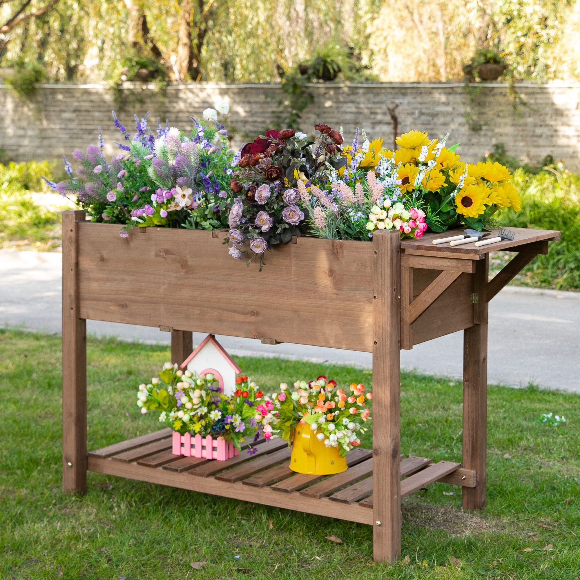 Raised Garden Bed Plant Box with 8 Divided Grids Folding Shelf Planter Flower Pot Herb Bed Solid Wood Brown 123 x 54 x 80 cm