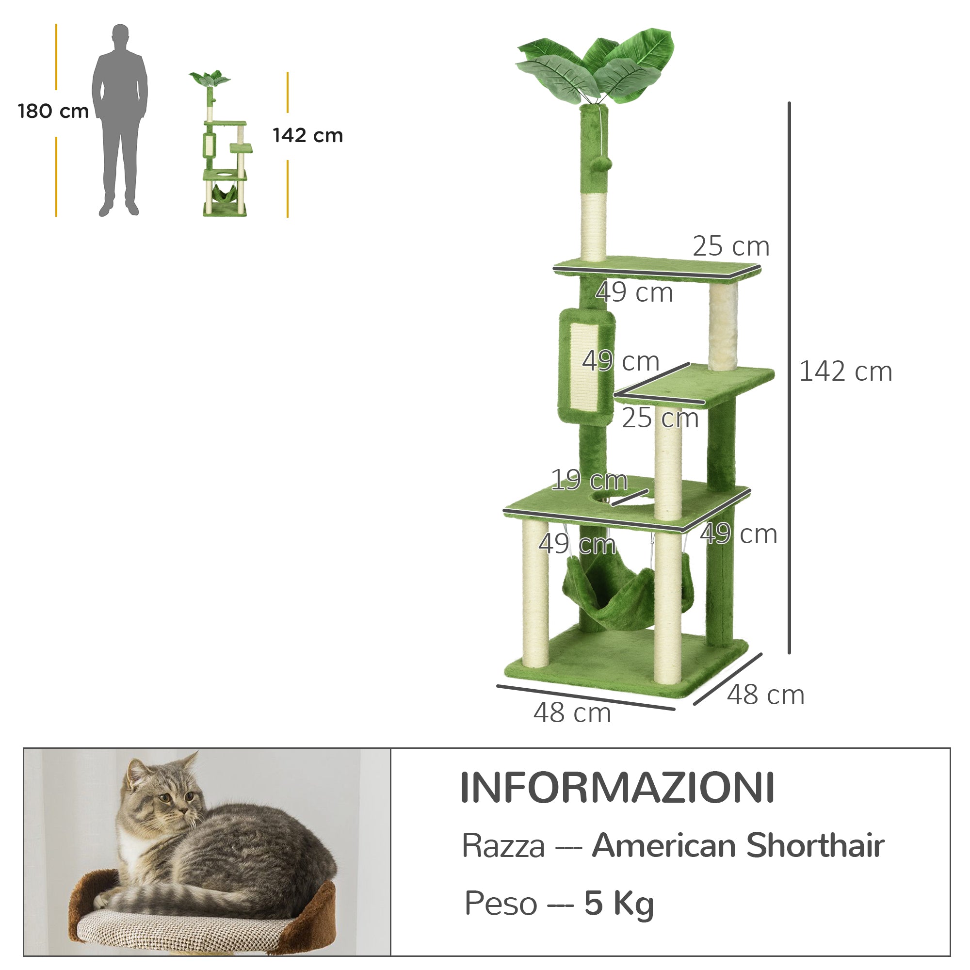 Cat Scratching Post 142cm, Cat Tree with Hammock, Ball Toy, Sisal Scratching Posts, and Anti-toppling System, Green