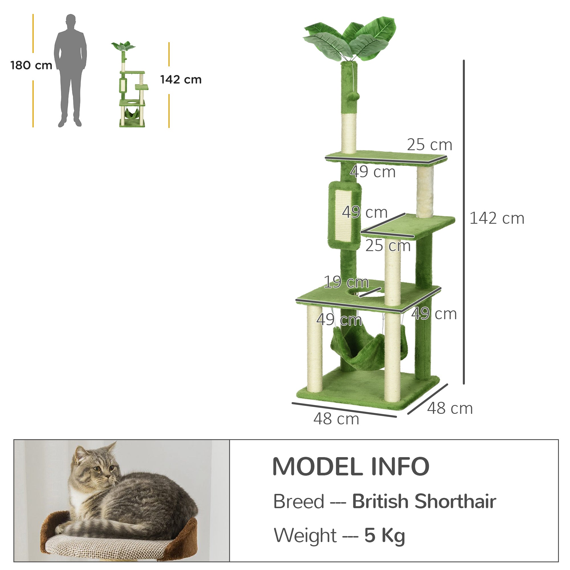 Cat Scratching Post 142cm, Cat Tree with Hammock, Ball Toy, Sisal Scratching Posts, and Anti-toppling System, Green